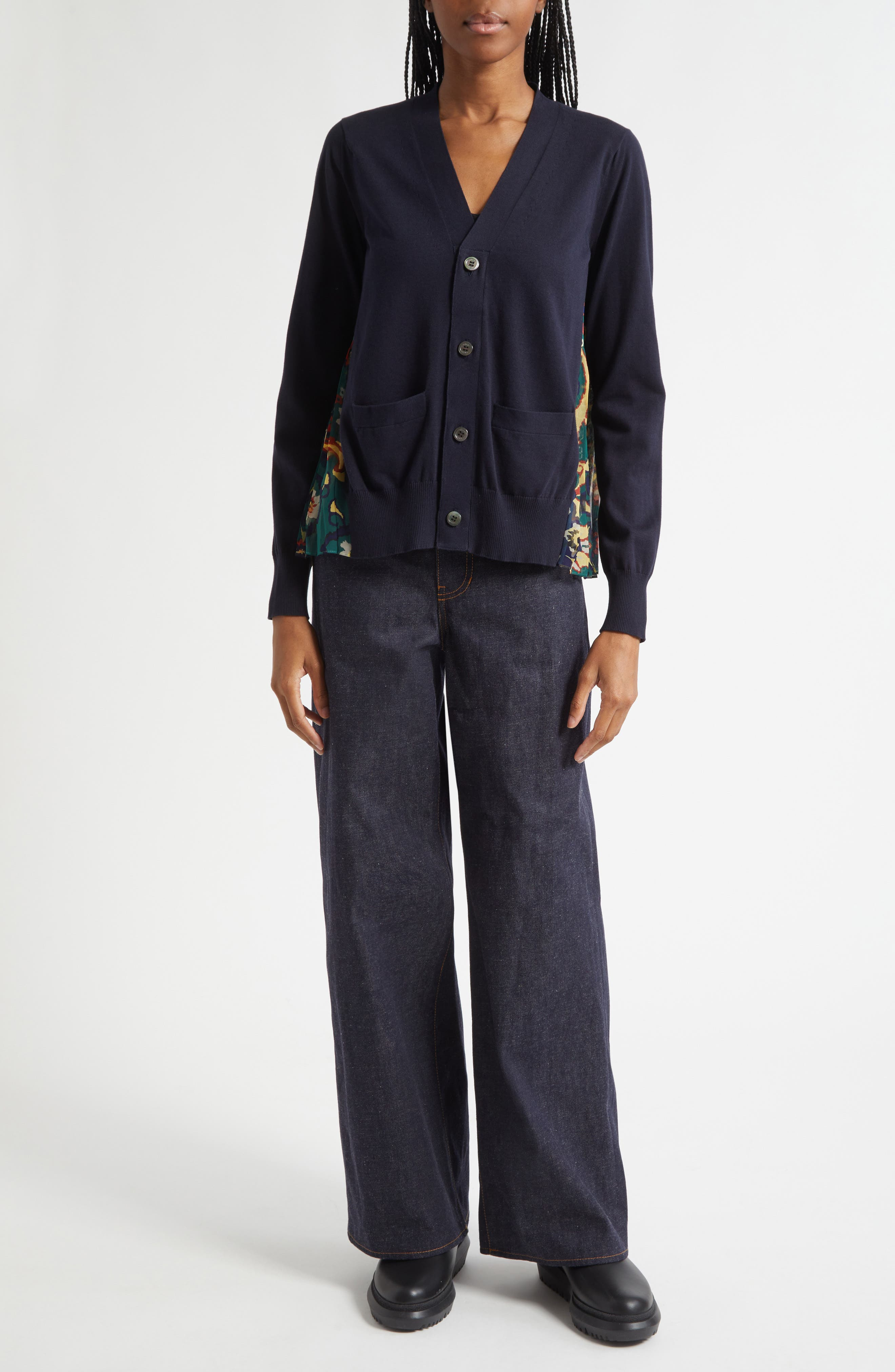 Sacai Floral Panel Mixed Media Cardigan in Navy/Green at Nordstrom - 2
