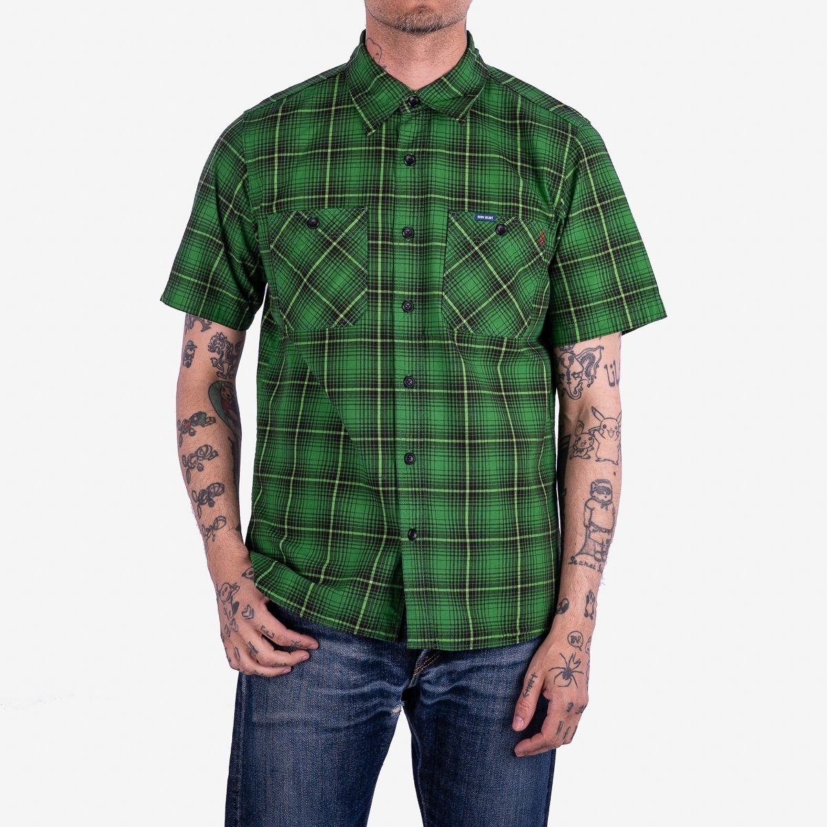 IHSH-392-GRN 5oz Selvedge Short Sleeved Work Shirt - Green Vintage Check - 2