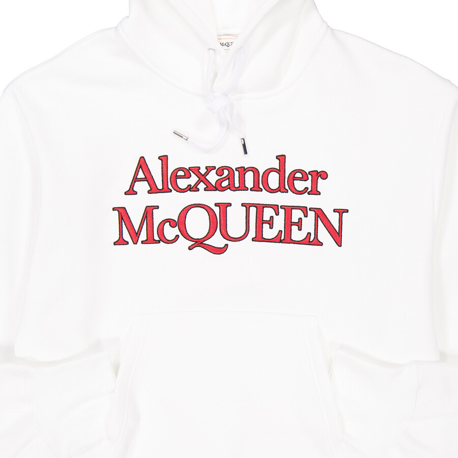 Alexander Mcqueen Men's Optical White Logo-Embroidered Cotton Hoodie - 2