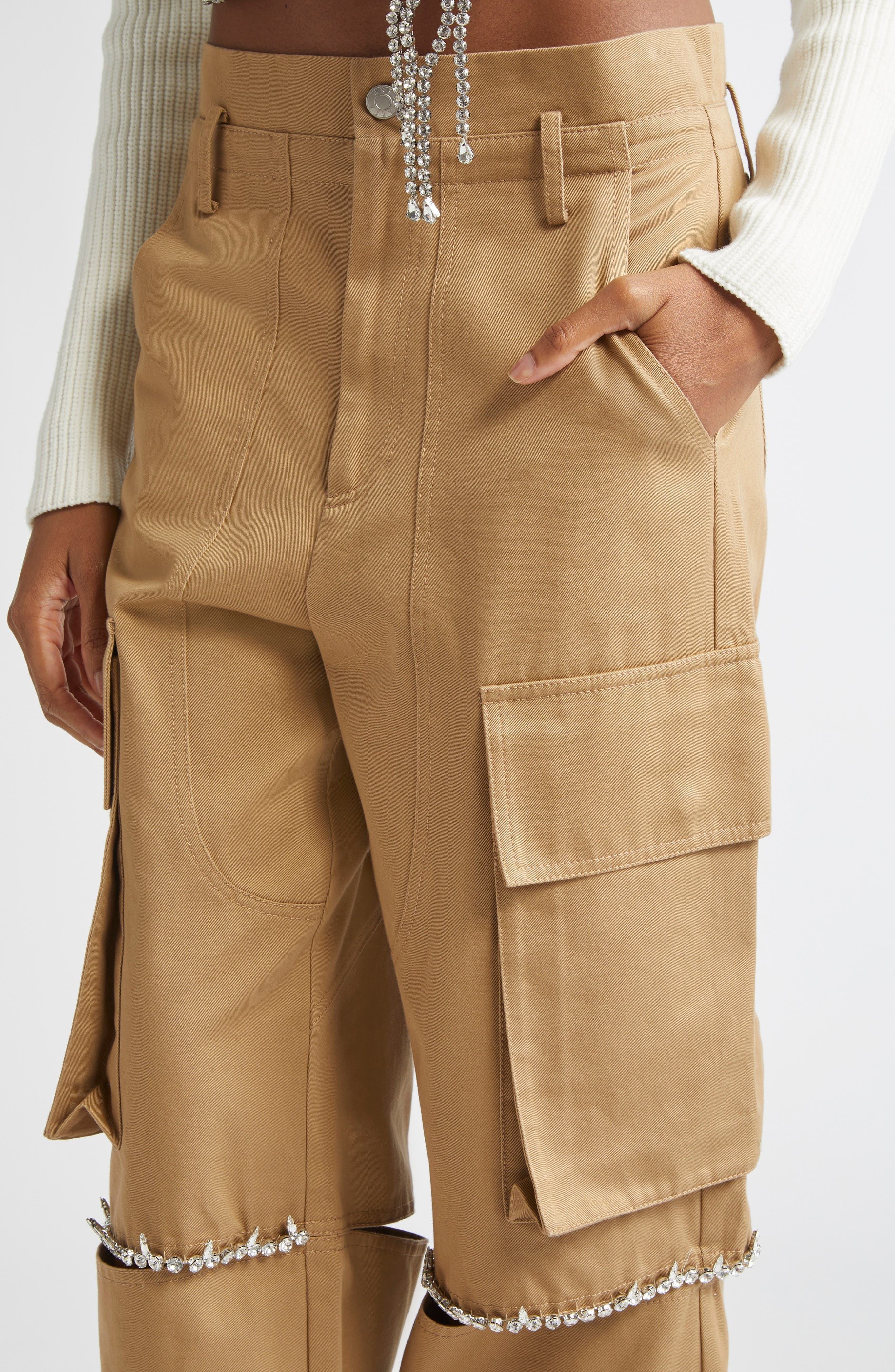 Area Crystal Trim Slit Cargo Pants in Tan at Nordstrom - 5