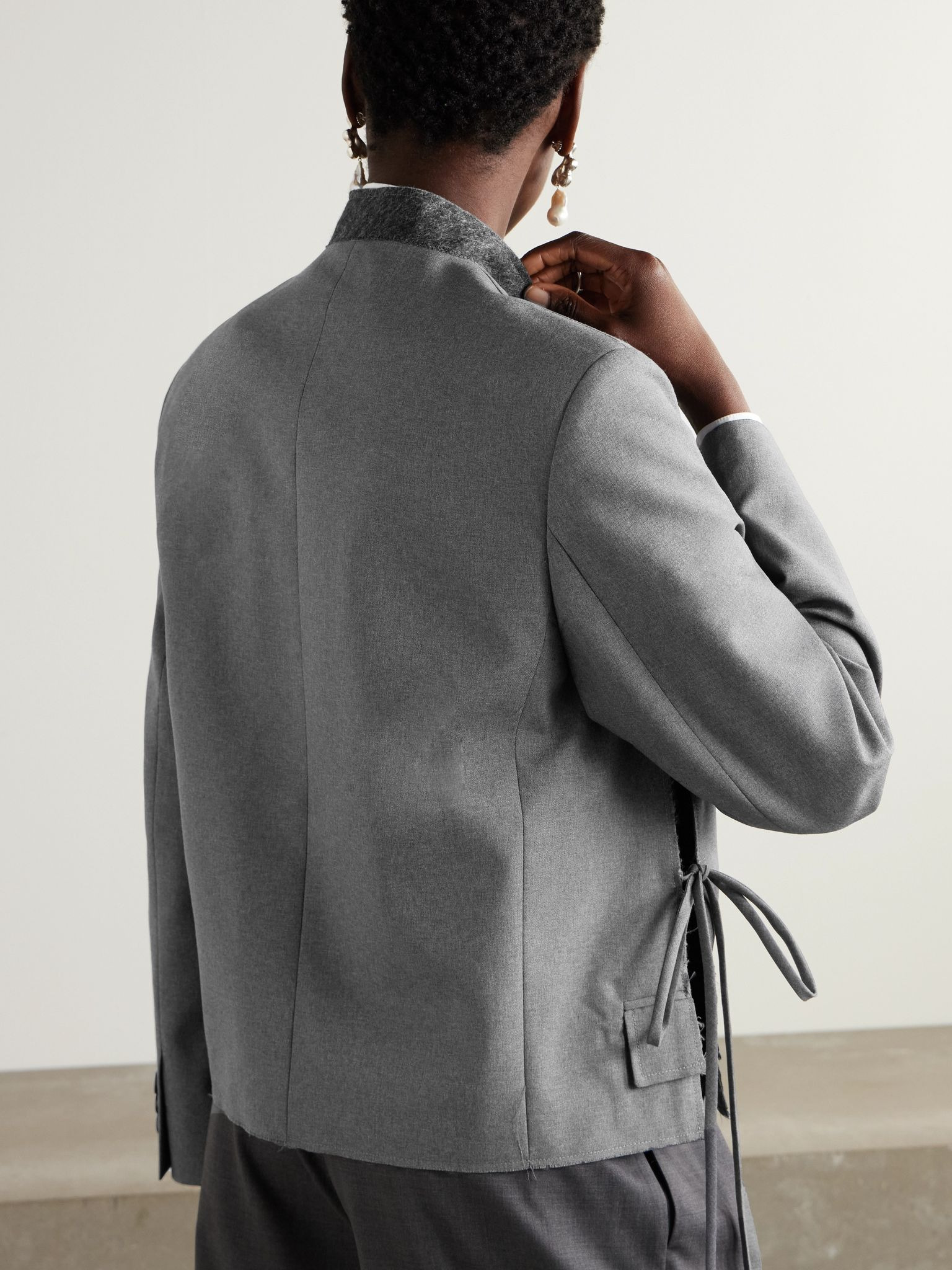 Felt-trimmed frayed embroidered wool jacket Gray - 3