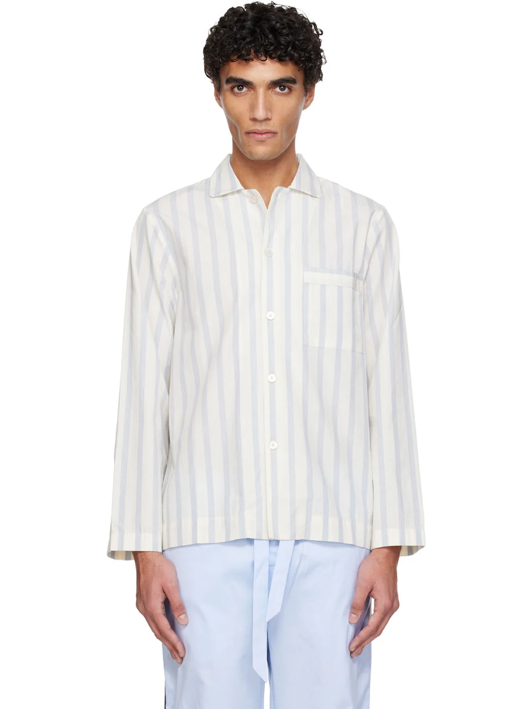 White & Blue Poplin Long-Sleeved Pyjama Shirt - 1
