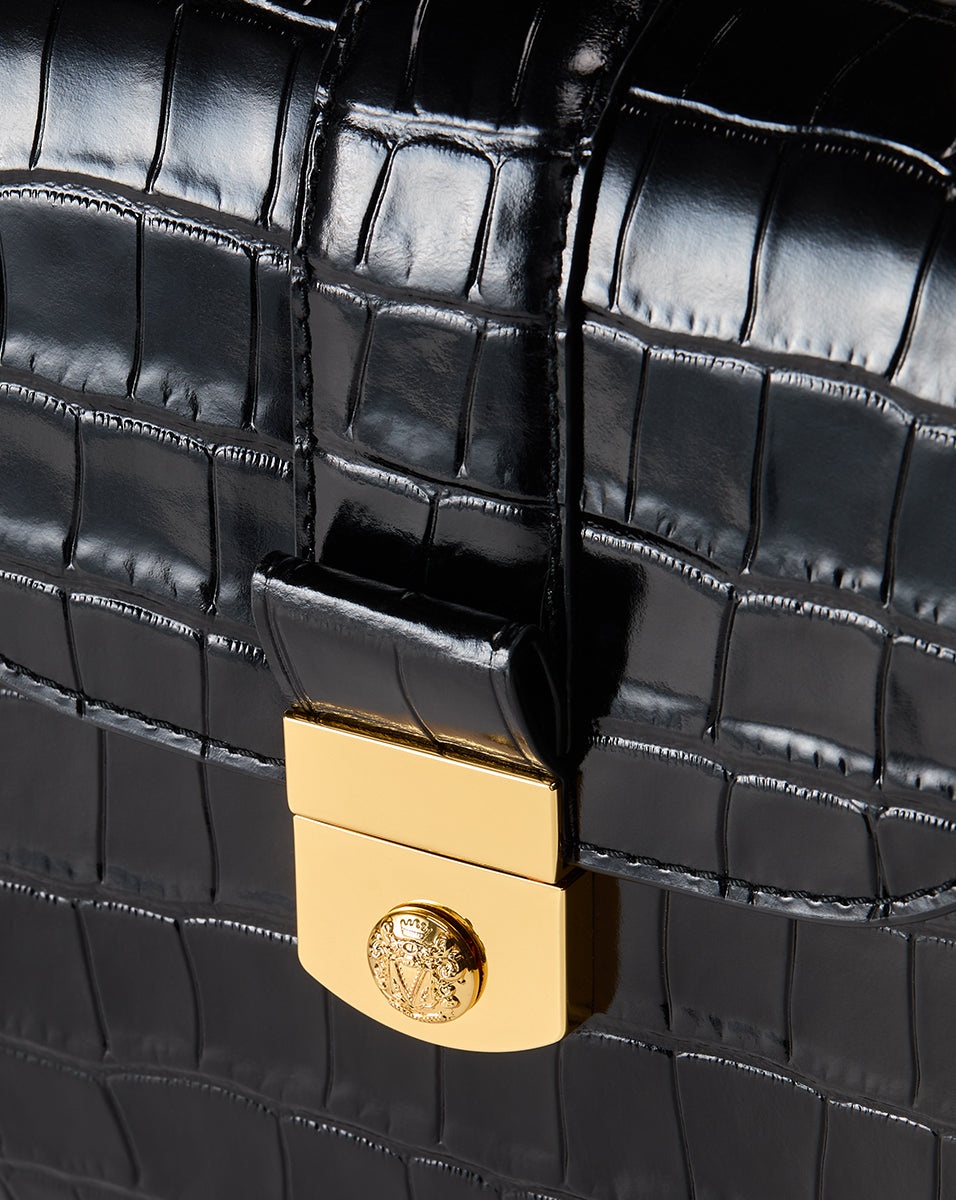 CROC-EMBOSSED CREST LOCK TOP HANDLE BAG - 3