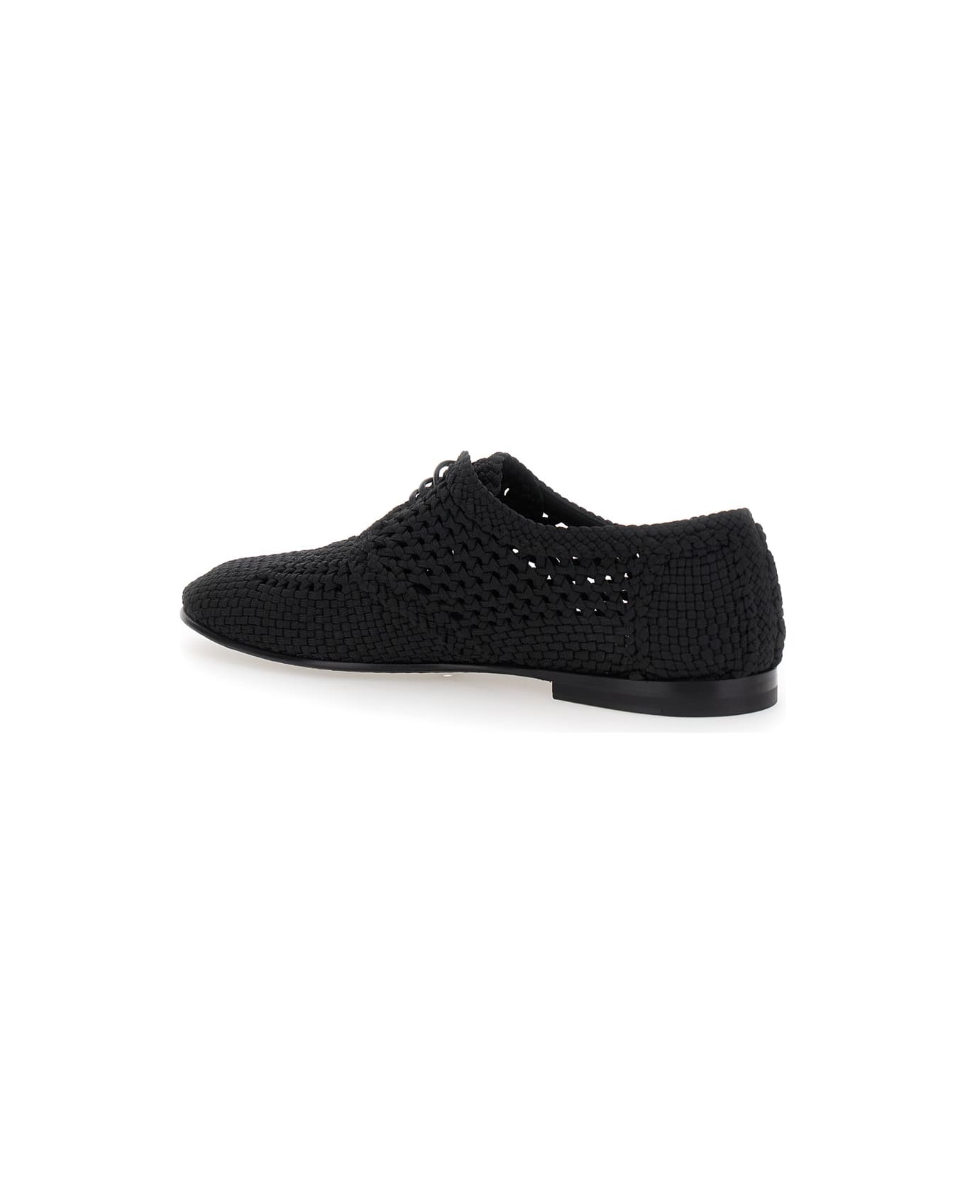 Black Lace-up Shoes With Woven Design In Fabric Man - 3