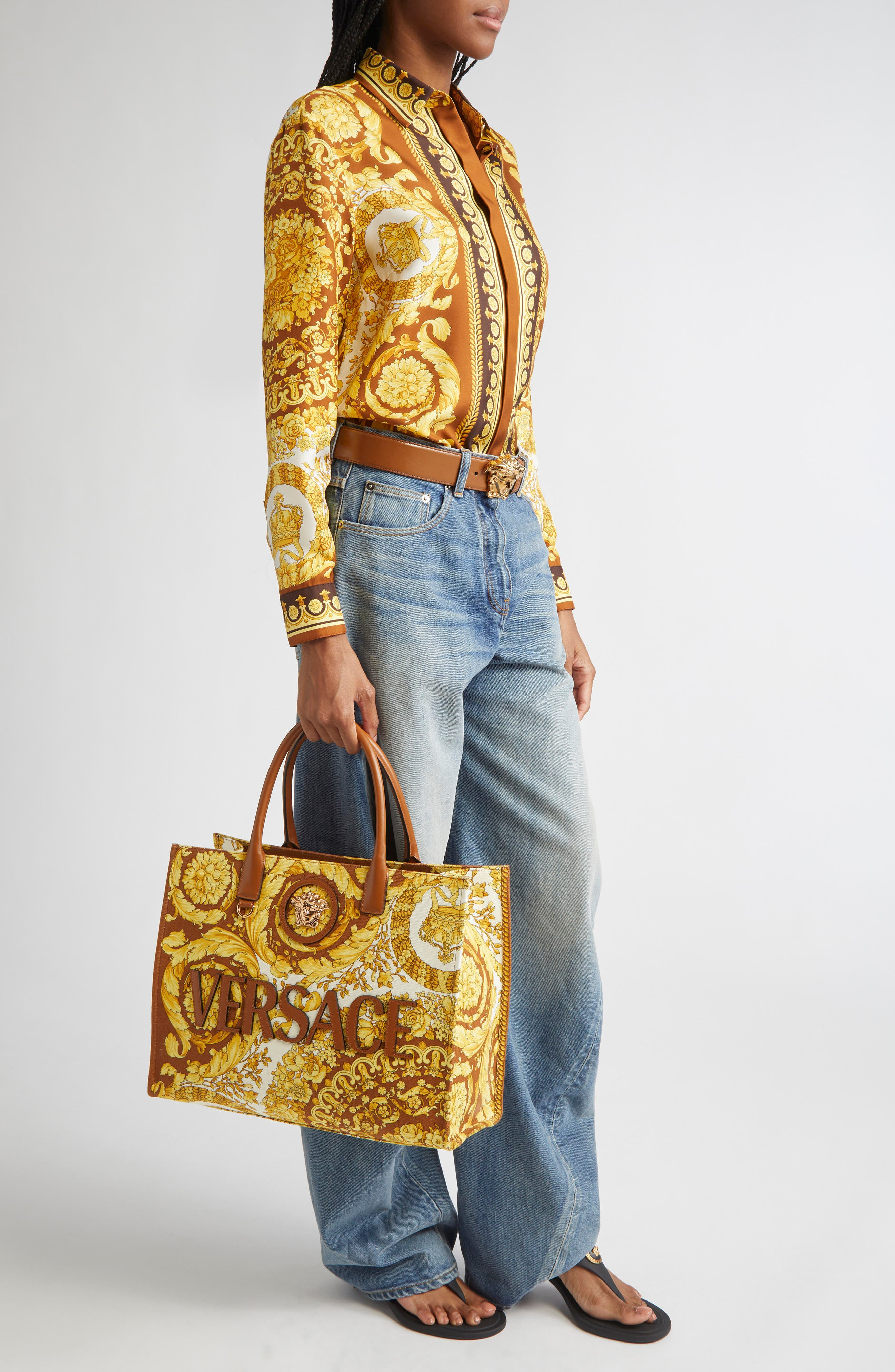 Versace Barocco 92 Silk Twill Button-Up Shirt in Dark Brown Spice at Nordstrom - 2
