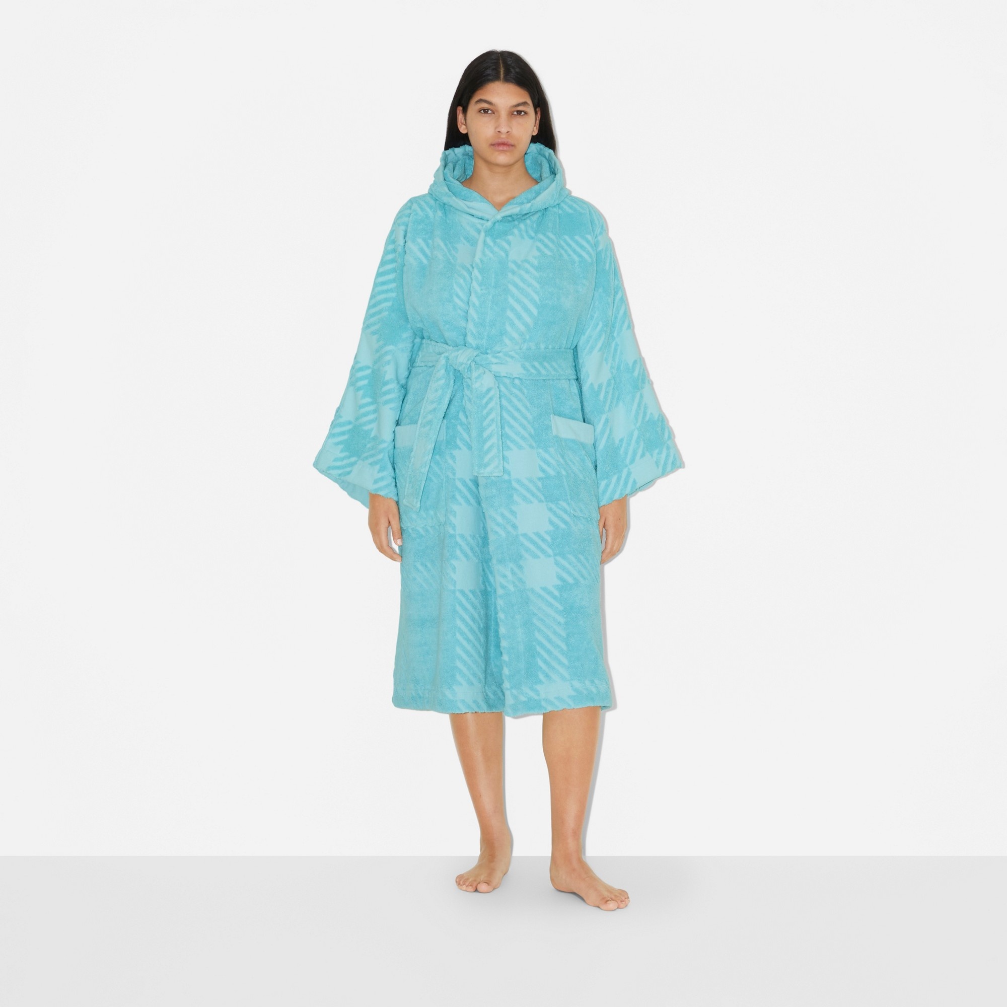 Check Cotton Jacquard Hooded Robe - 2