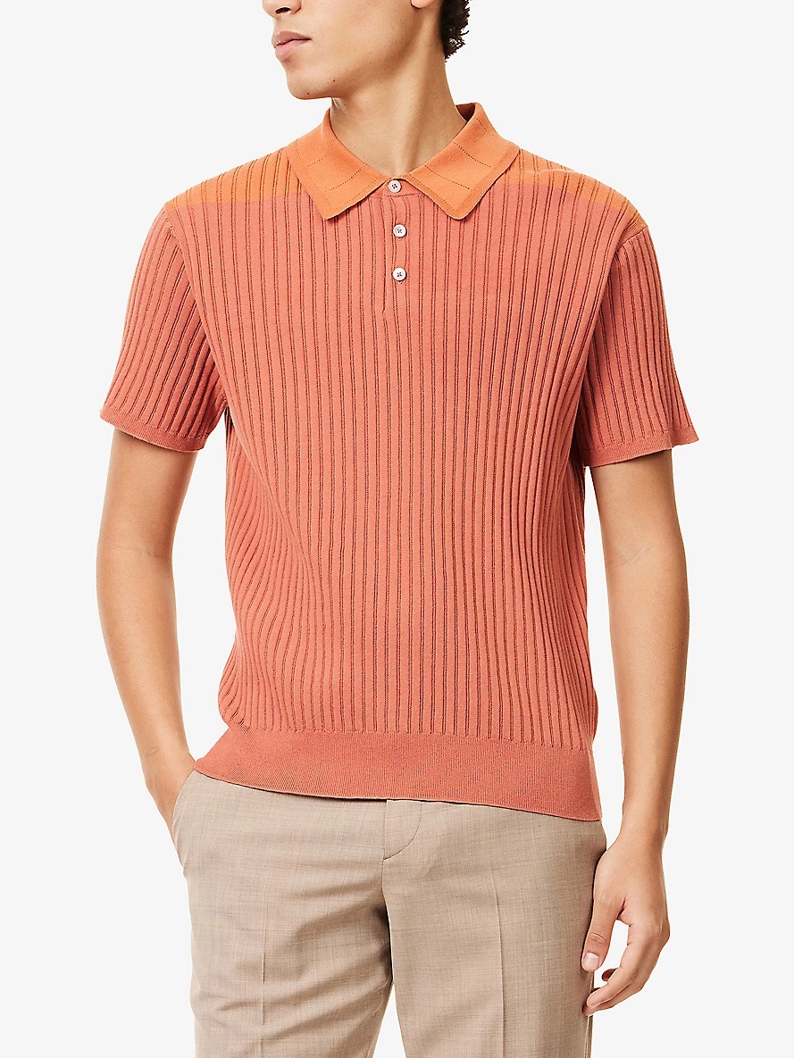 Ribbed Short-Sleeve Knitted Cotton Polo Shirt - 3
