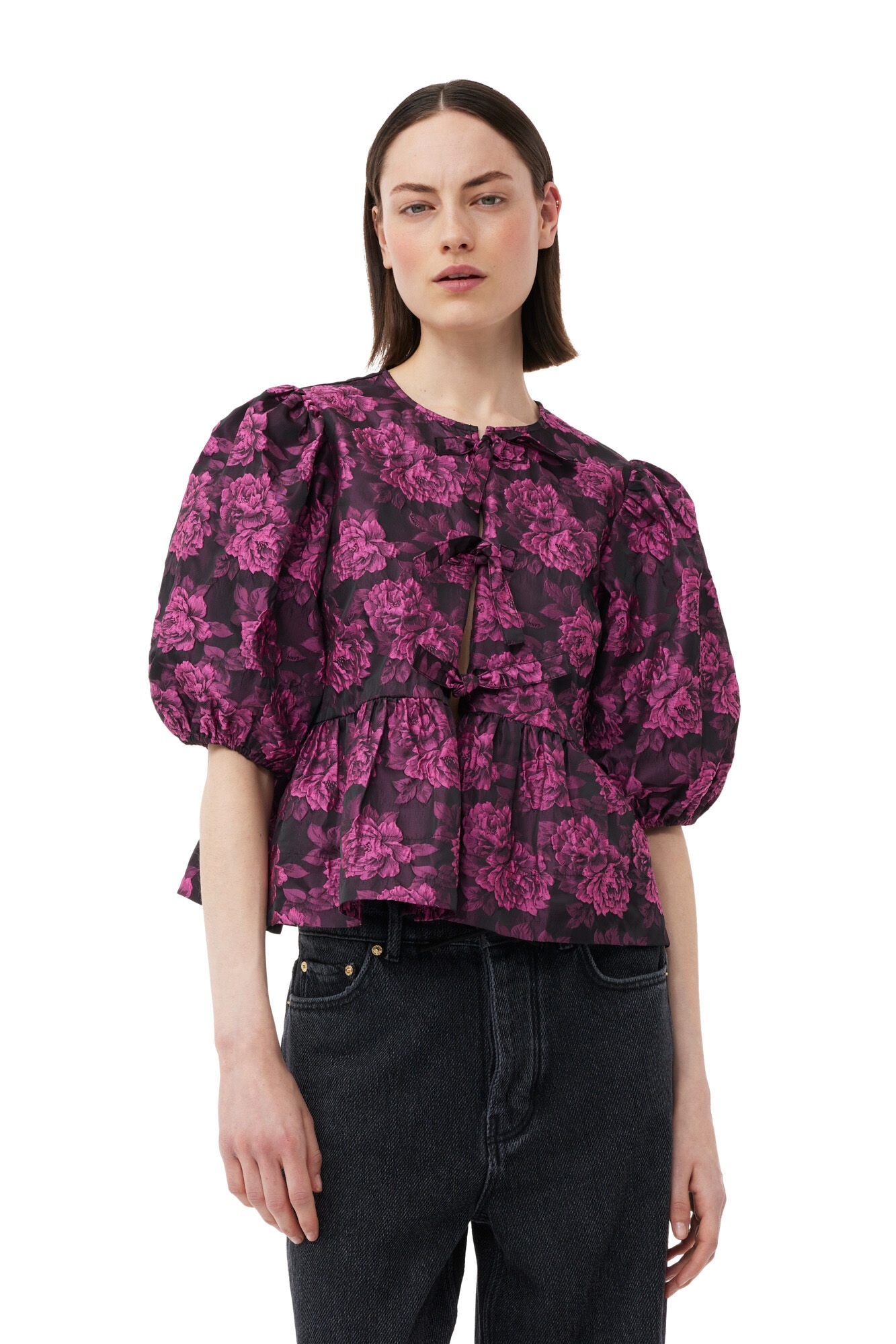 PINK BOTANICAL JACQUARD PEPLUM BLOUSE - 2