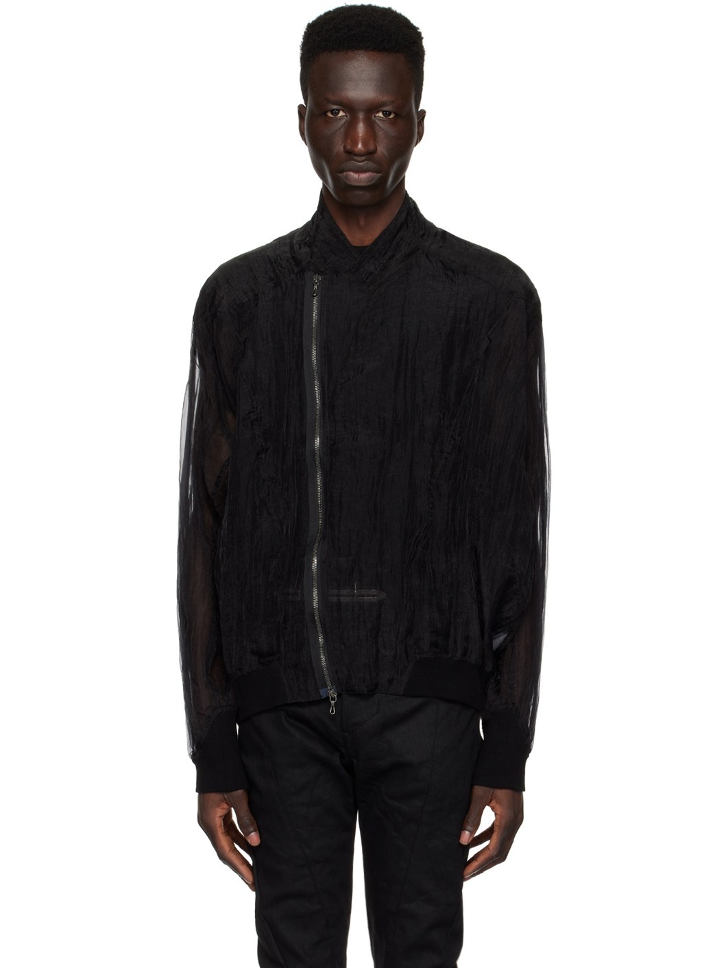 Black Semi-Sheer Bomber Jacket - 1