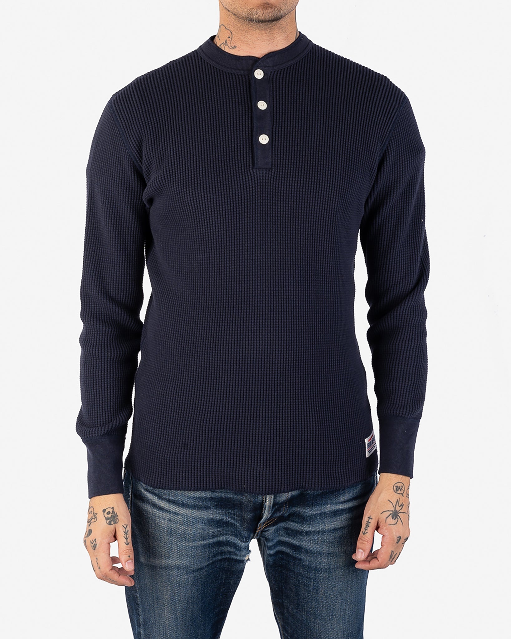 IHTL-1213-NAV Waffle Knit Long Sleeved Thermal Henley - Navy - 2
