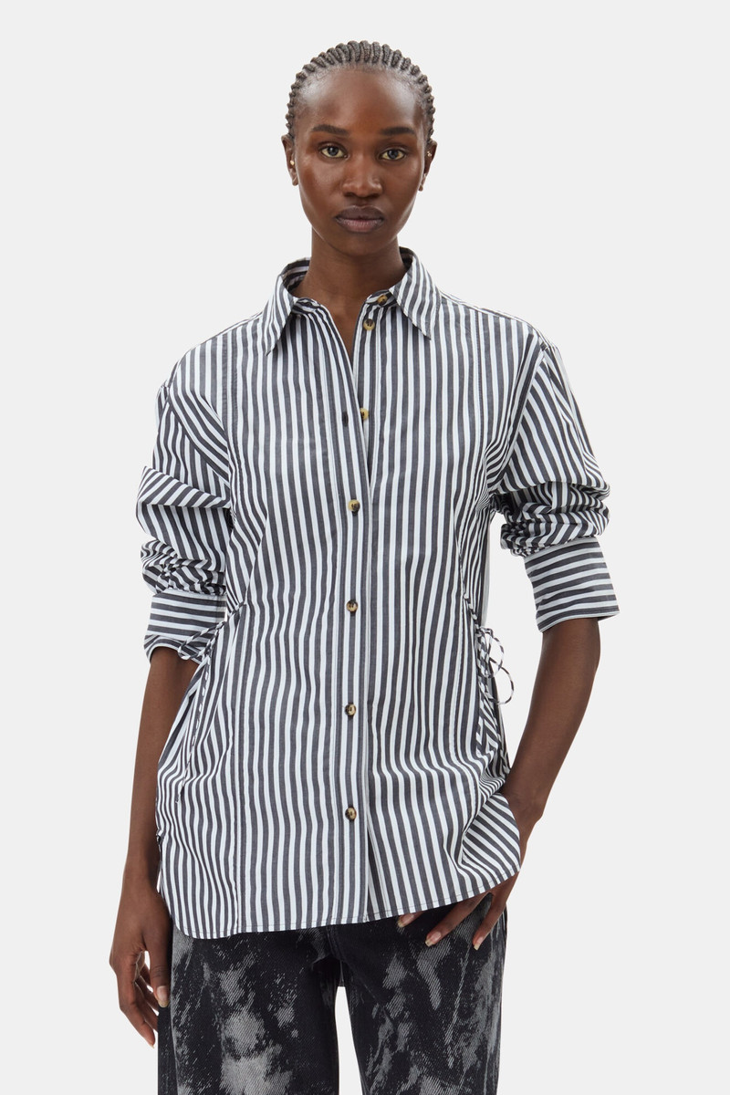 GANNI STRIPE COTTON OVERSIZED TIE STRING SHIRT outlook