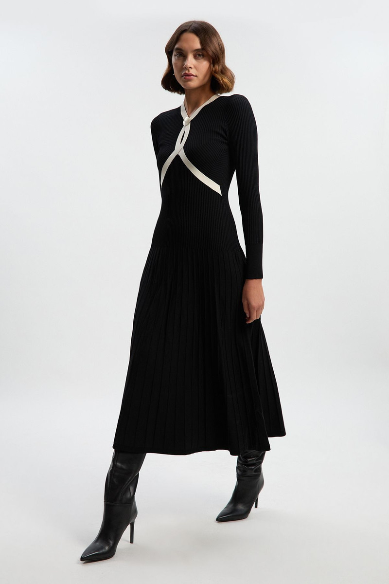 KAREN MILLEN Petite Rib Knit Trim Detail Full Skirt Midi Dress outlook