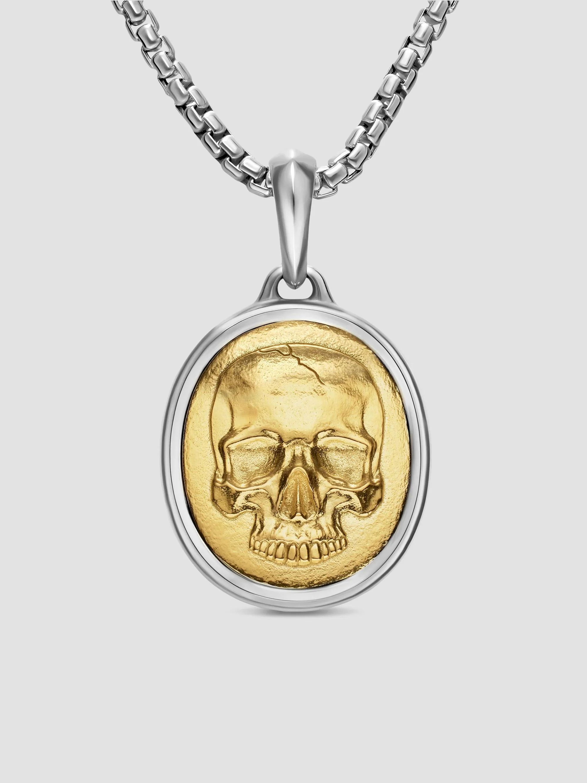 Men's Memento Mori Skull Amulet in Sterling Silver with 14K Yellow Gold, 24MM - Silver - 1