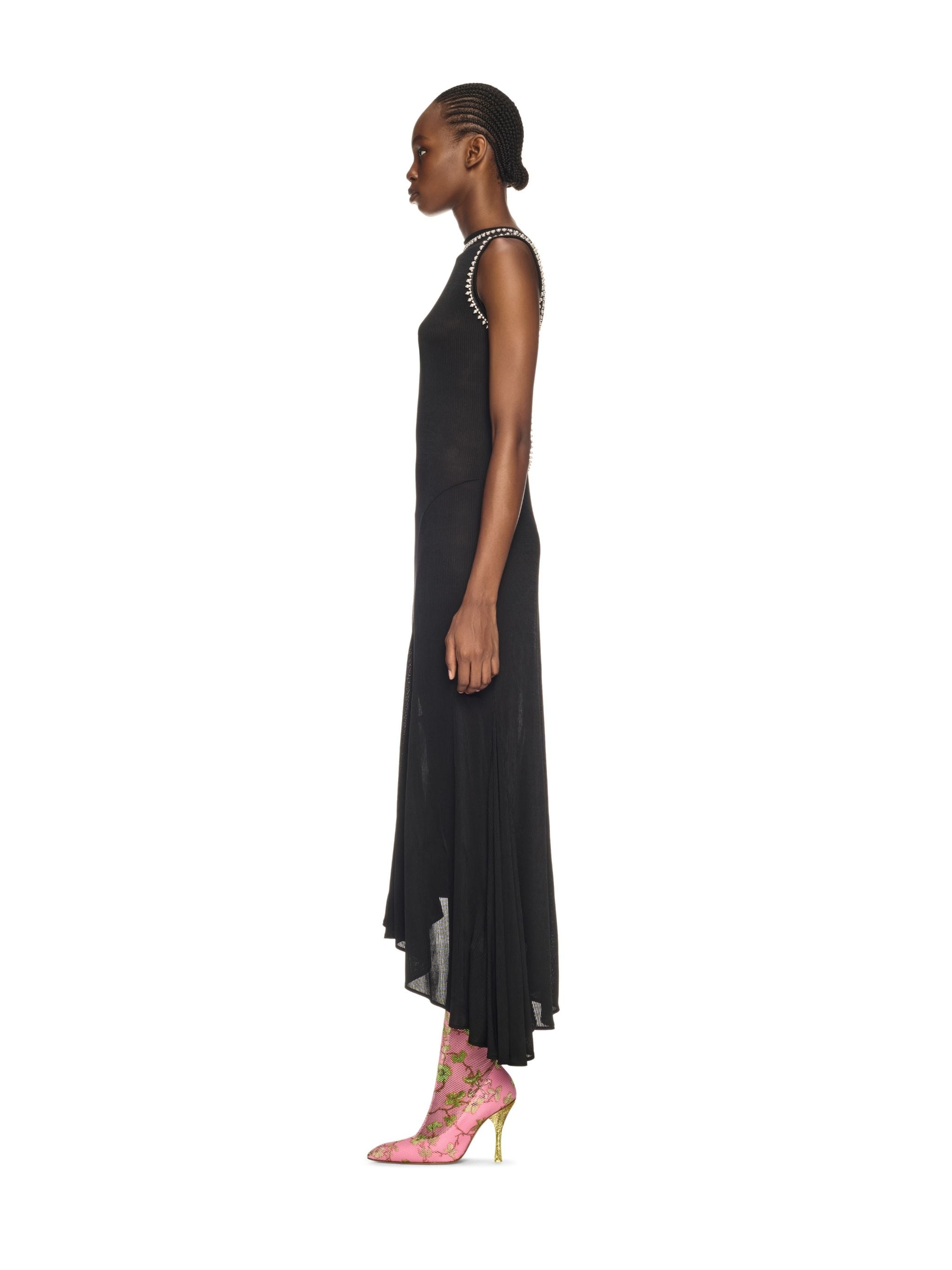 Black Ribbed Embellished Long Dress - 3