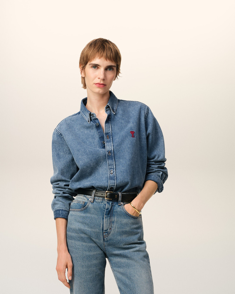 AMI Paris BLUE DENIM BUTTON-DOWN AMI DE COEUR SHIRT outlook