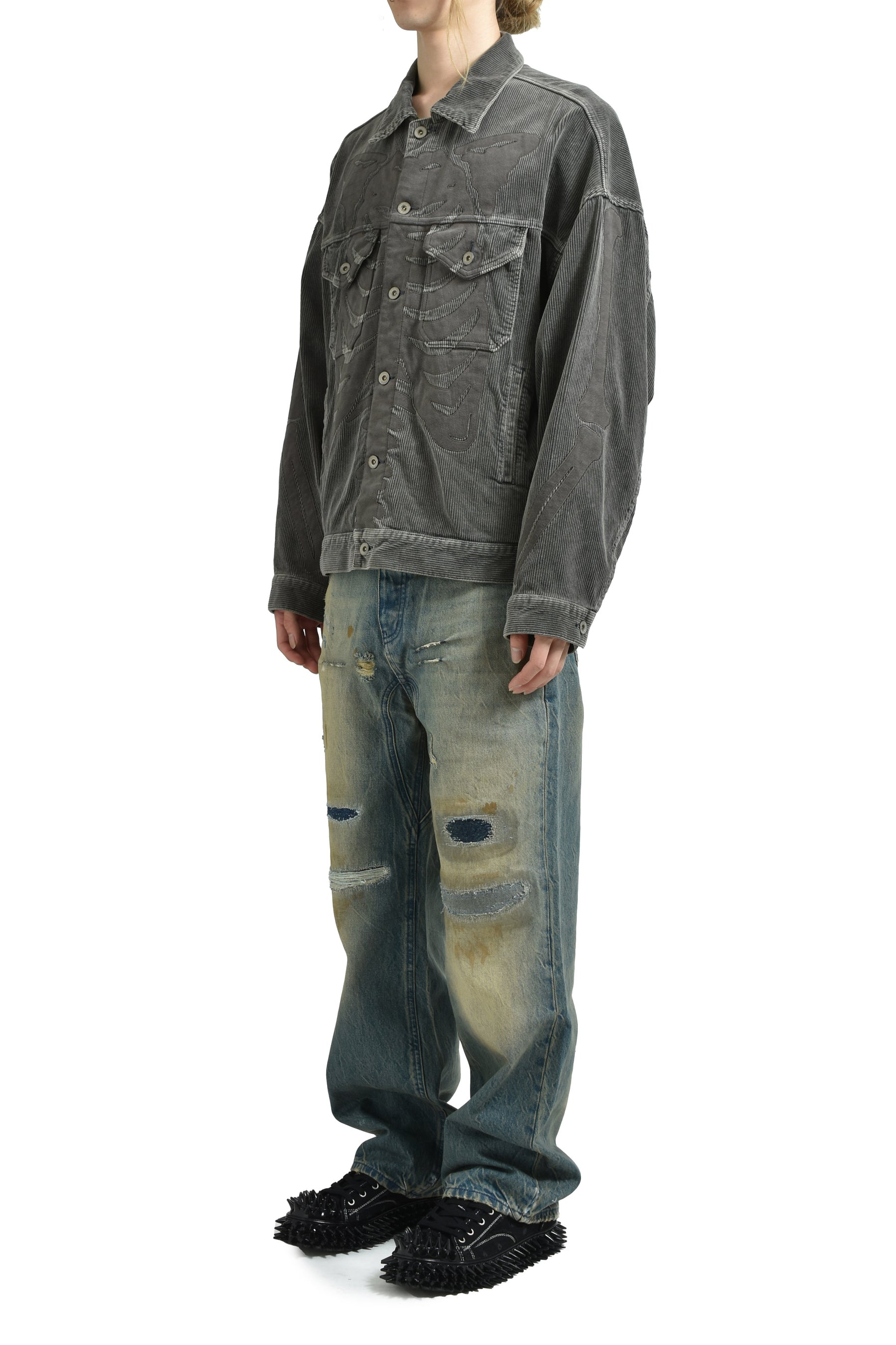BONE APPLIQUE CORDUROY JACKET / GRY - 4