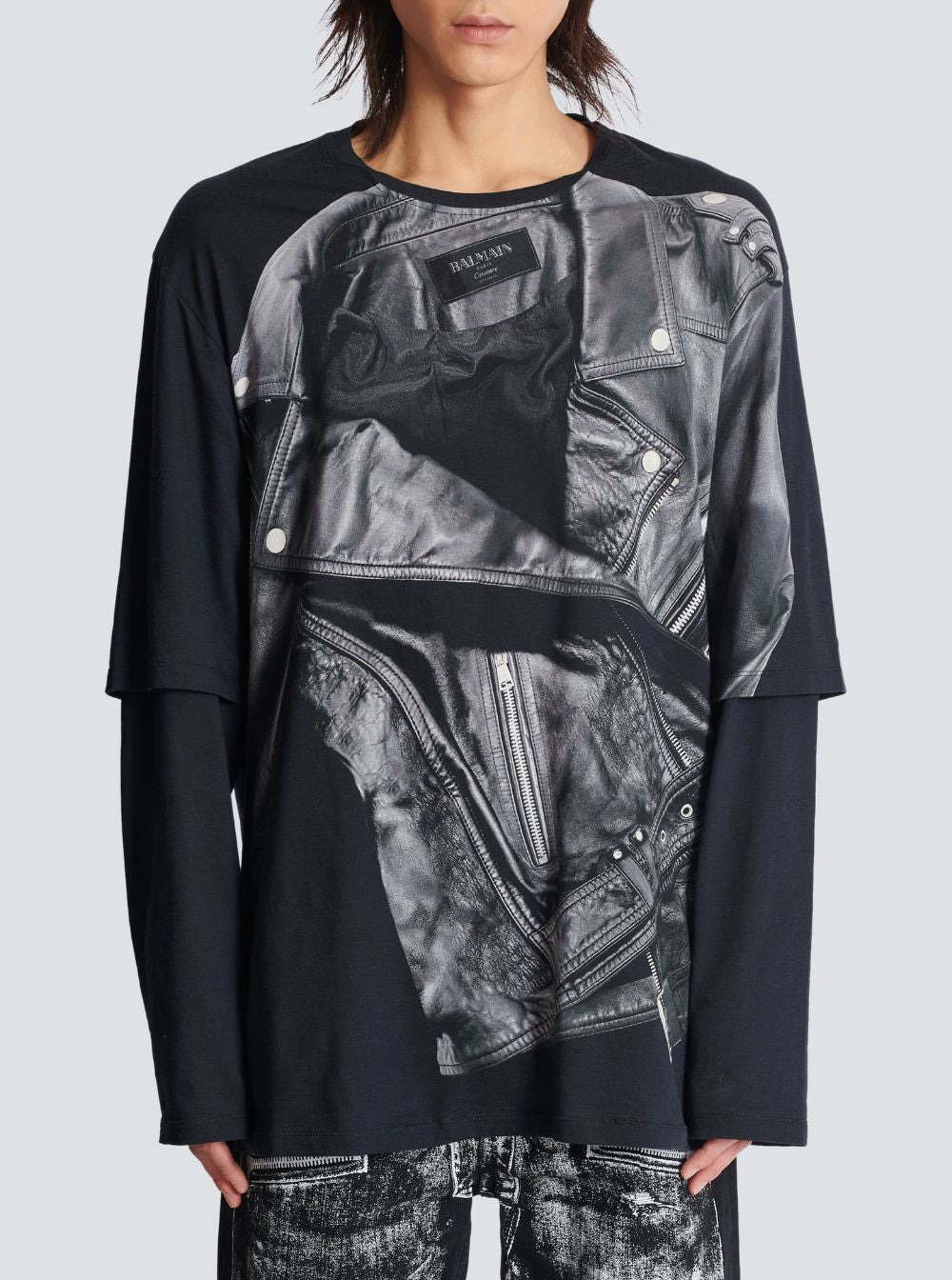 Balmain Men Leather Trompe L'œil Ls T-Shirt - 4