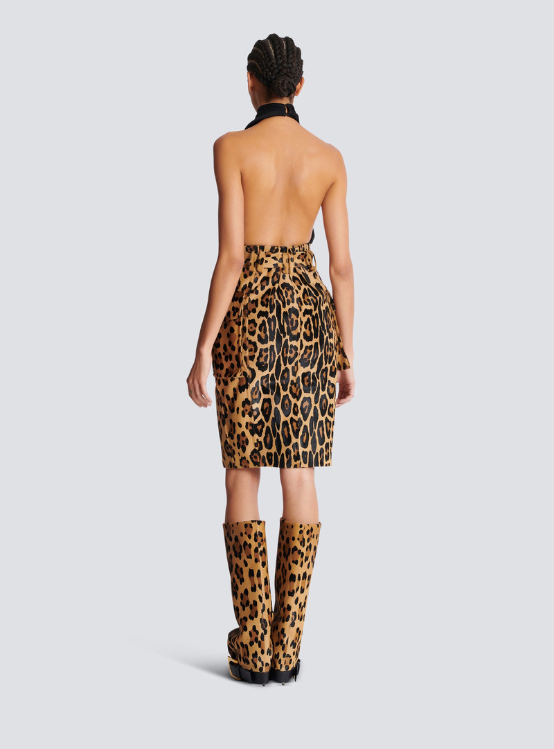 Ponyskin-style leather midi skirt with leopard pattern 4