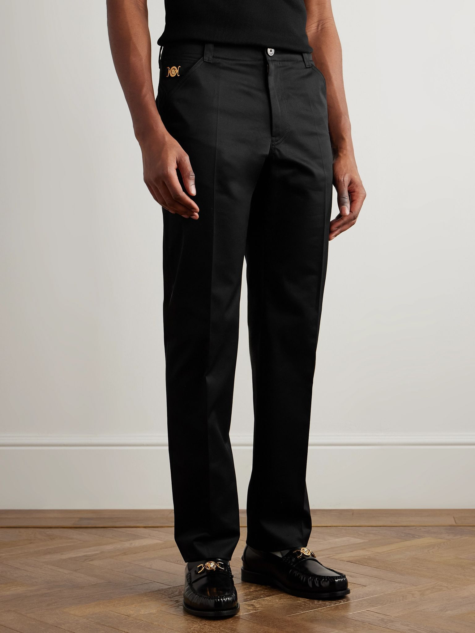 Straight-Leg Embellished Cotton-Gabardine Trousers Black - 3