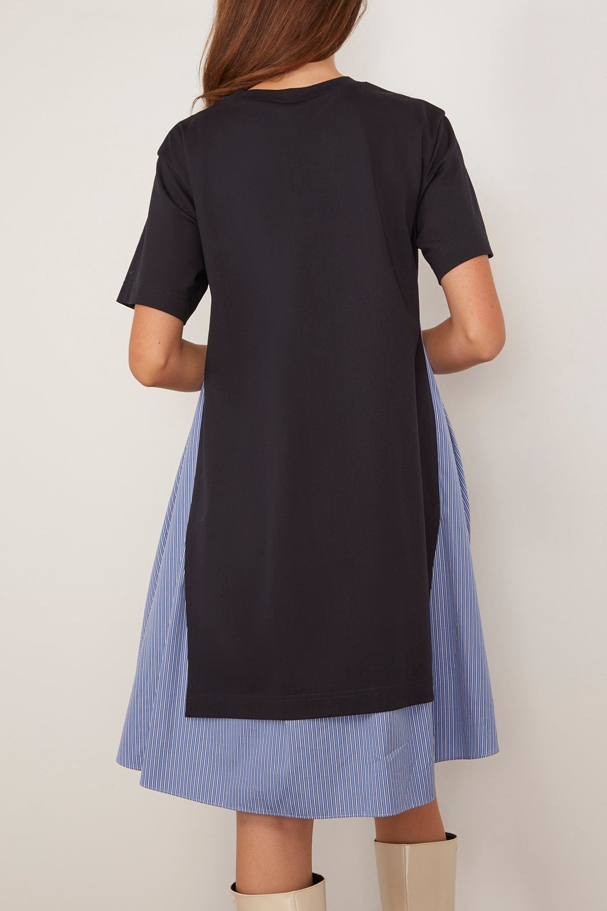 Poplin x Cotton Jersey Dress in Navy/Blue Stripe - 4