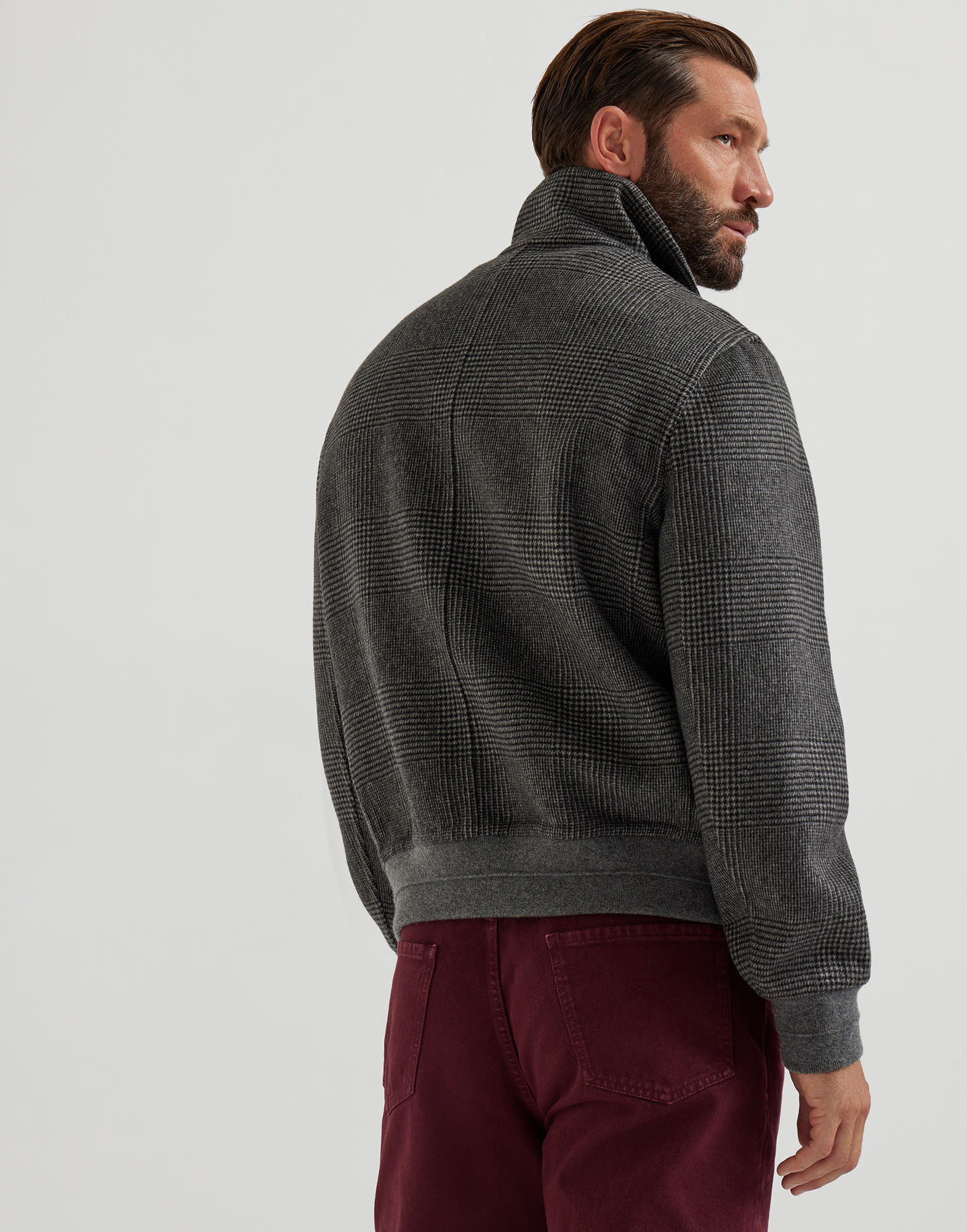 Hand-crafted reversible bomber jacket in cashmere Prince of Wales flannel double cloth with zipper - 2
