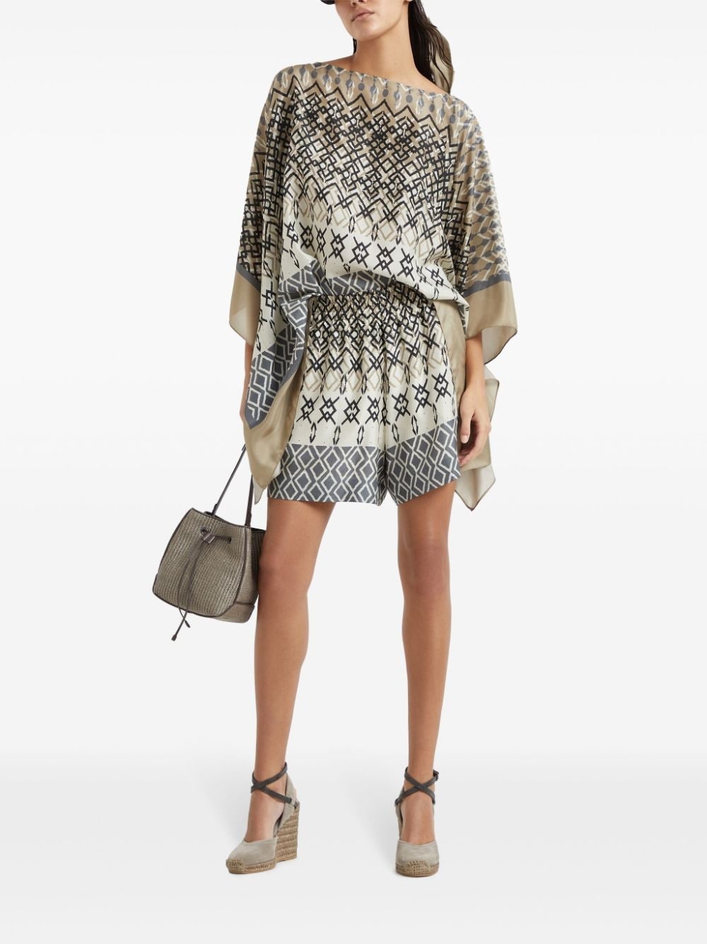 geometric-pattern silk shorts - 2