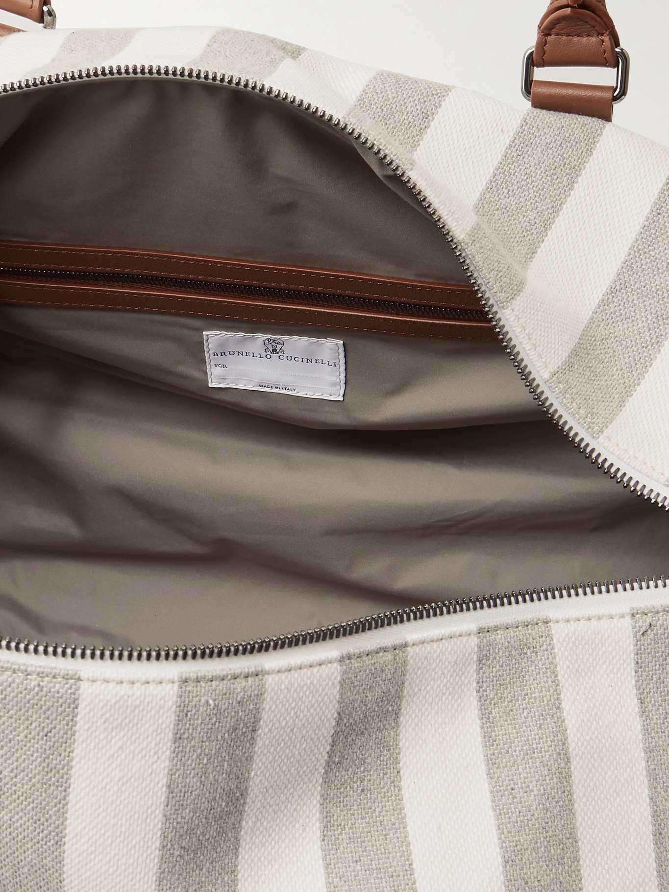 Leather-trimmed striped canvas duffel bag - 5