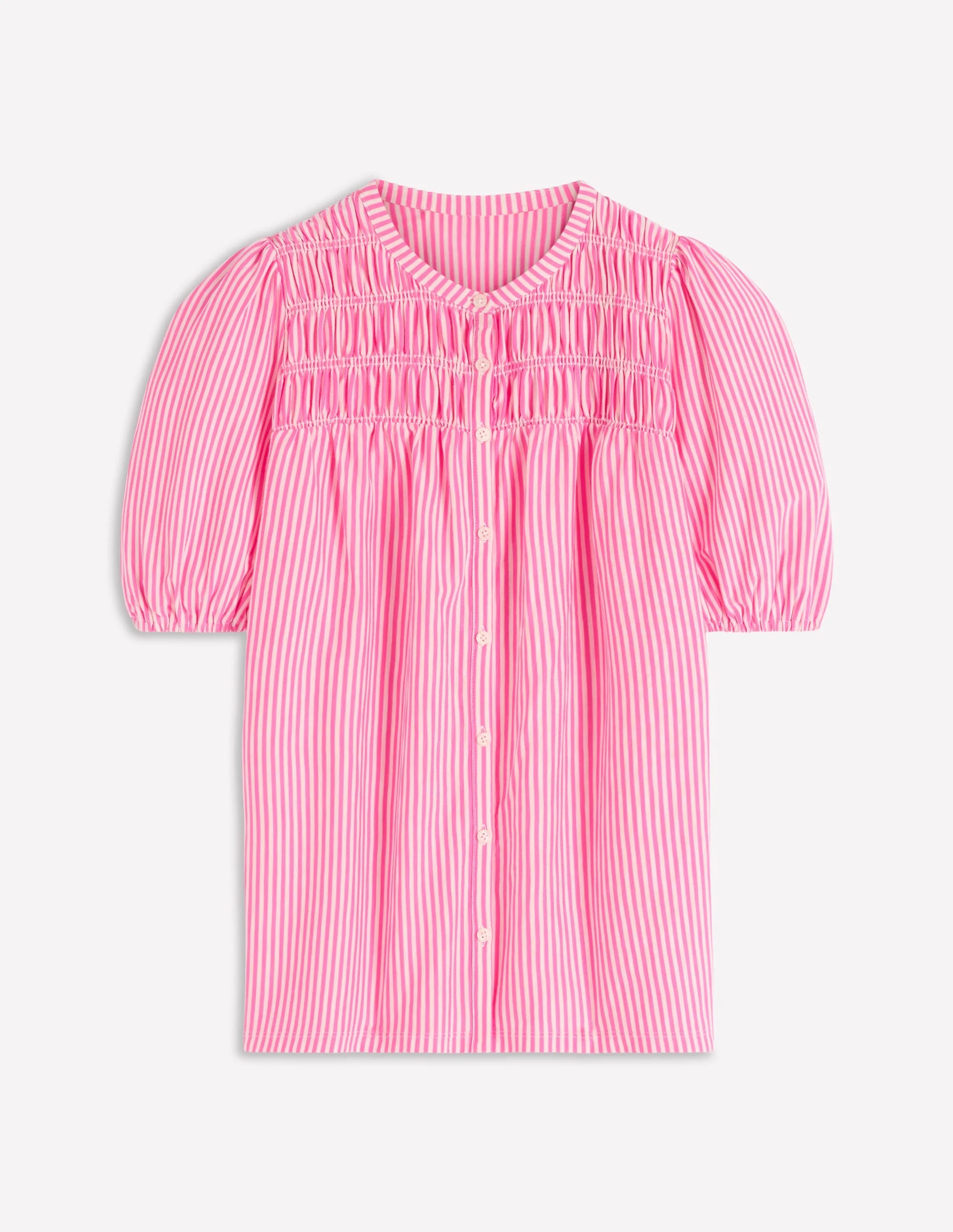 Mya Short Sleeve Smocked Shirt-Pink Punch and Ivory Stripe - 1