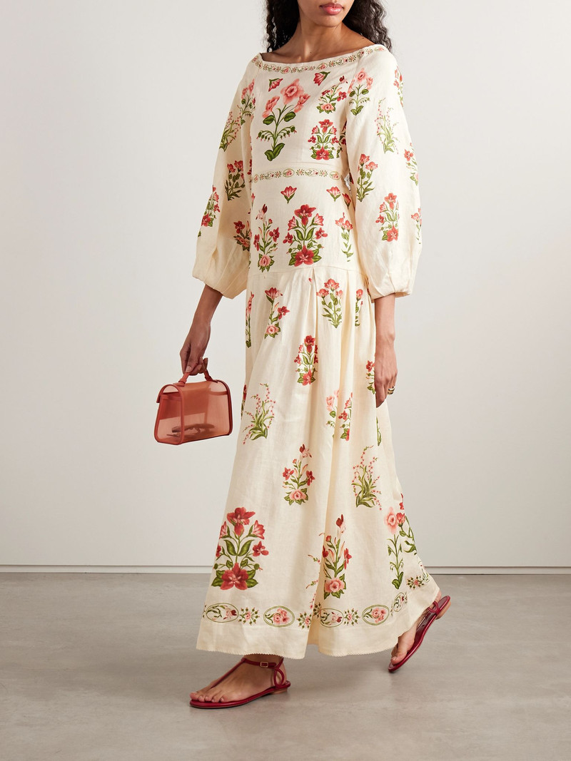 Agua by Agua Bendita Senlis off-the-shoulder pleated floral-print linen maxi dress Cream outlook