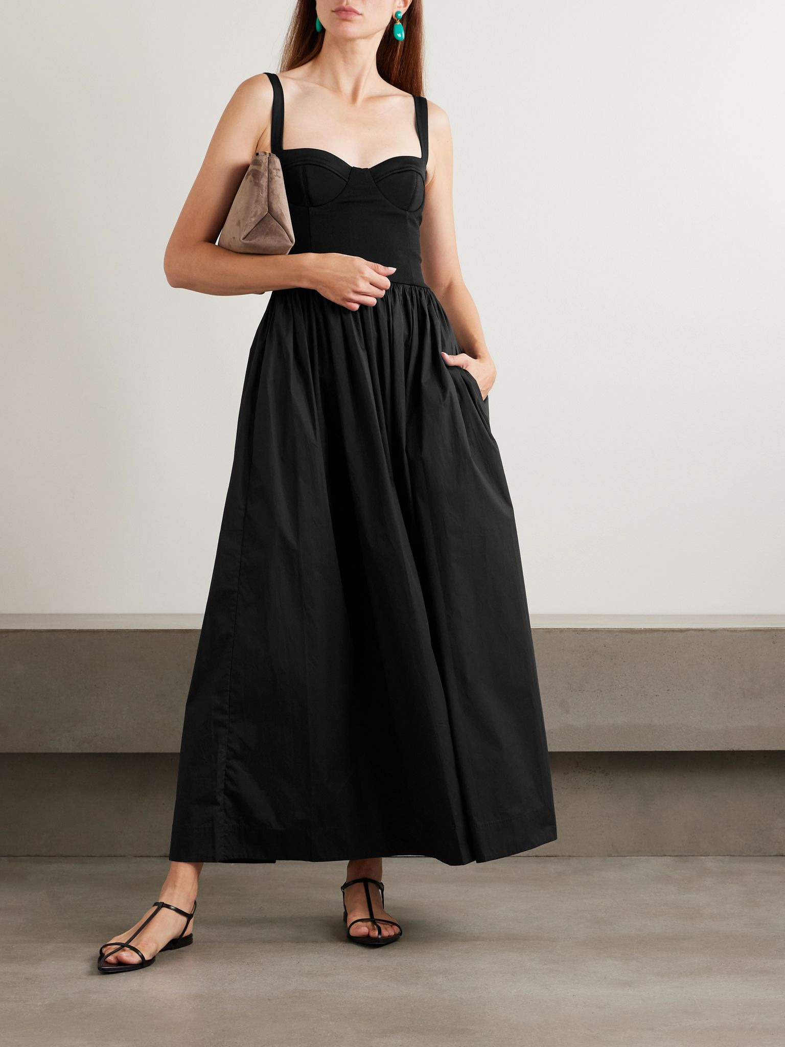 Stretch-knit and organic cotton-poplin bustier maxi dress Black - 2