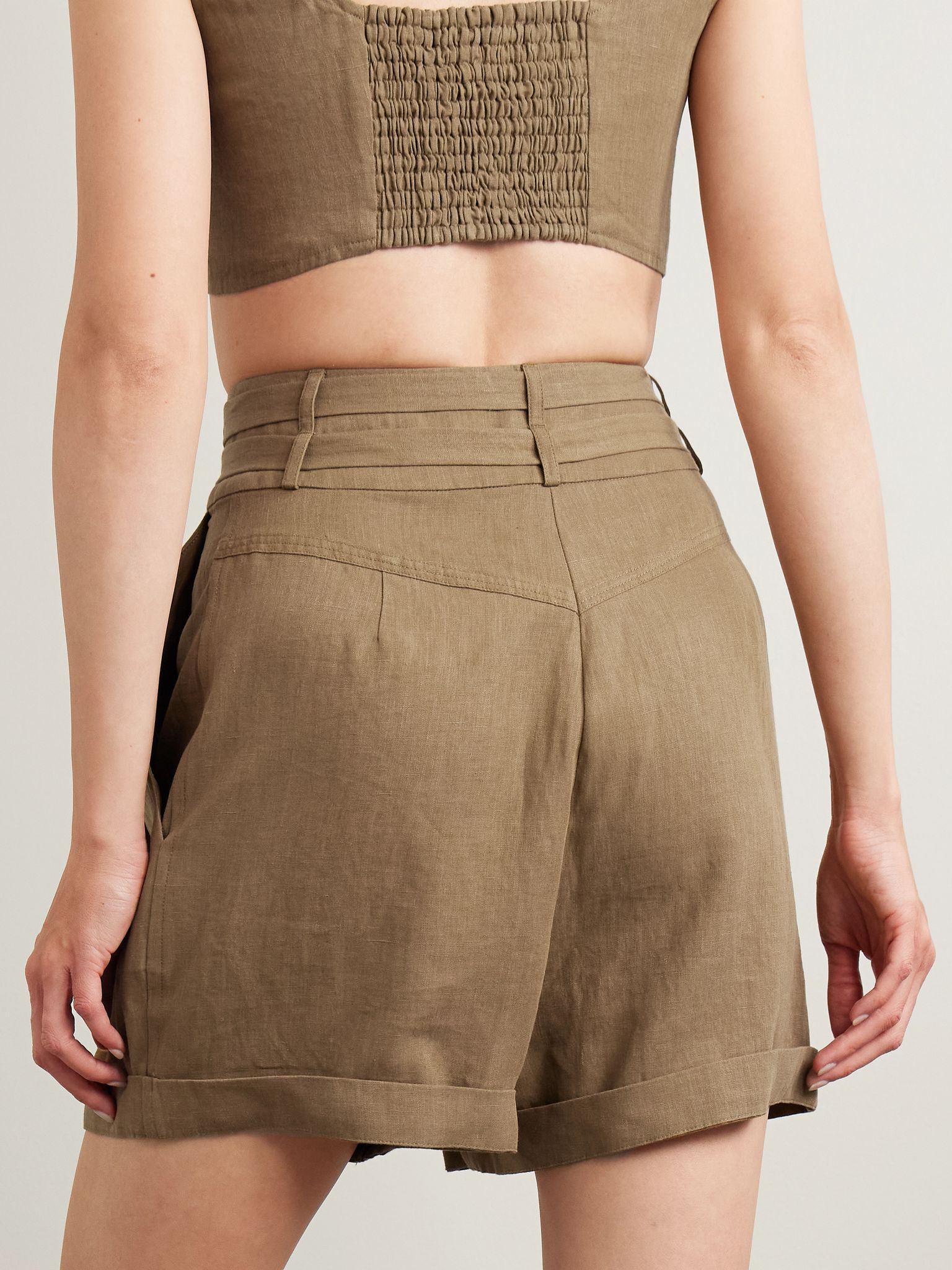 Aqiva belted pleated linen shorts Brown - 4