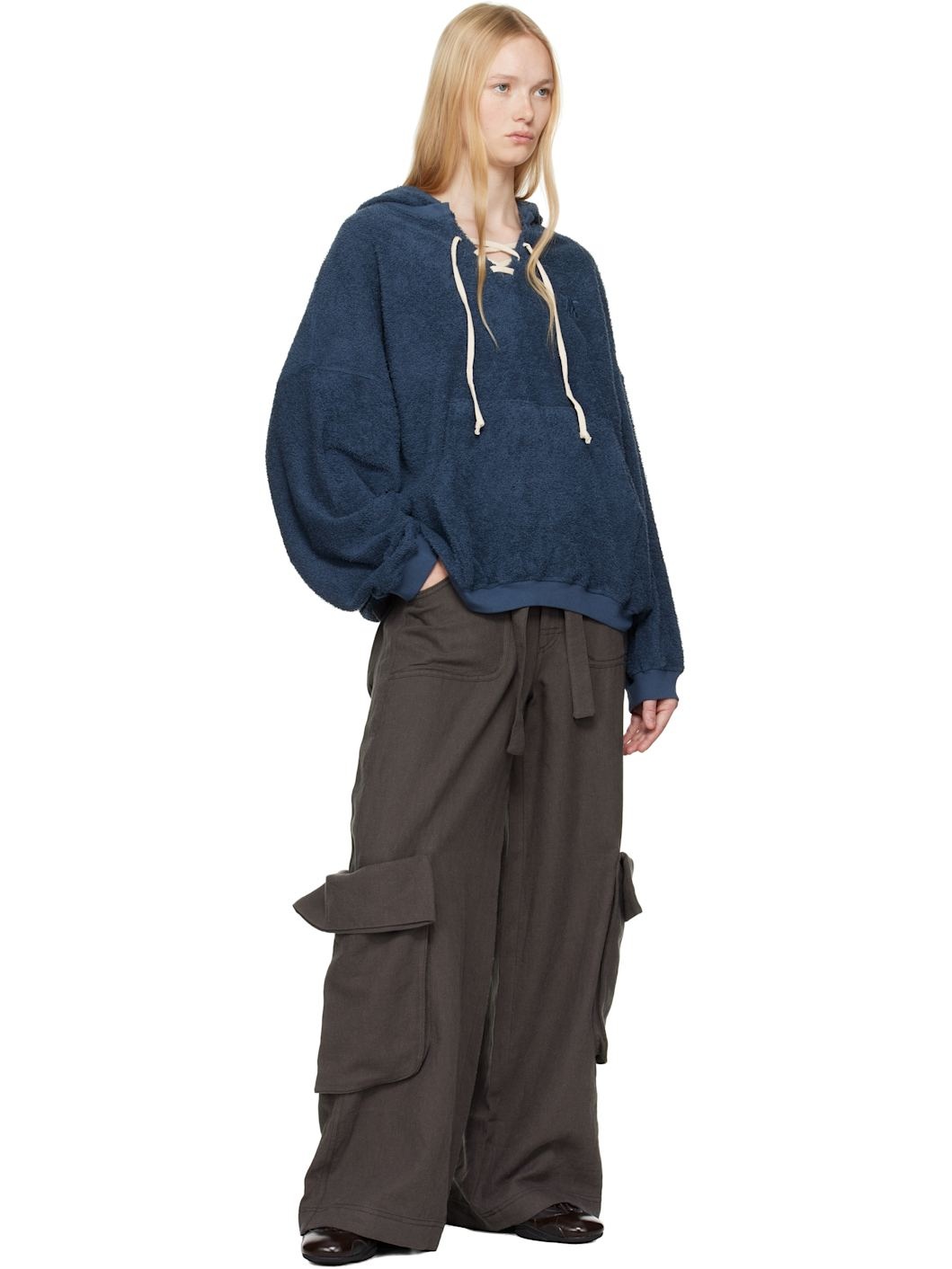 Navy Terry Lace-Up Hoodie - 4