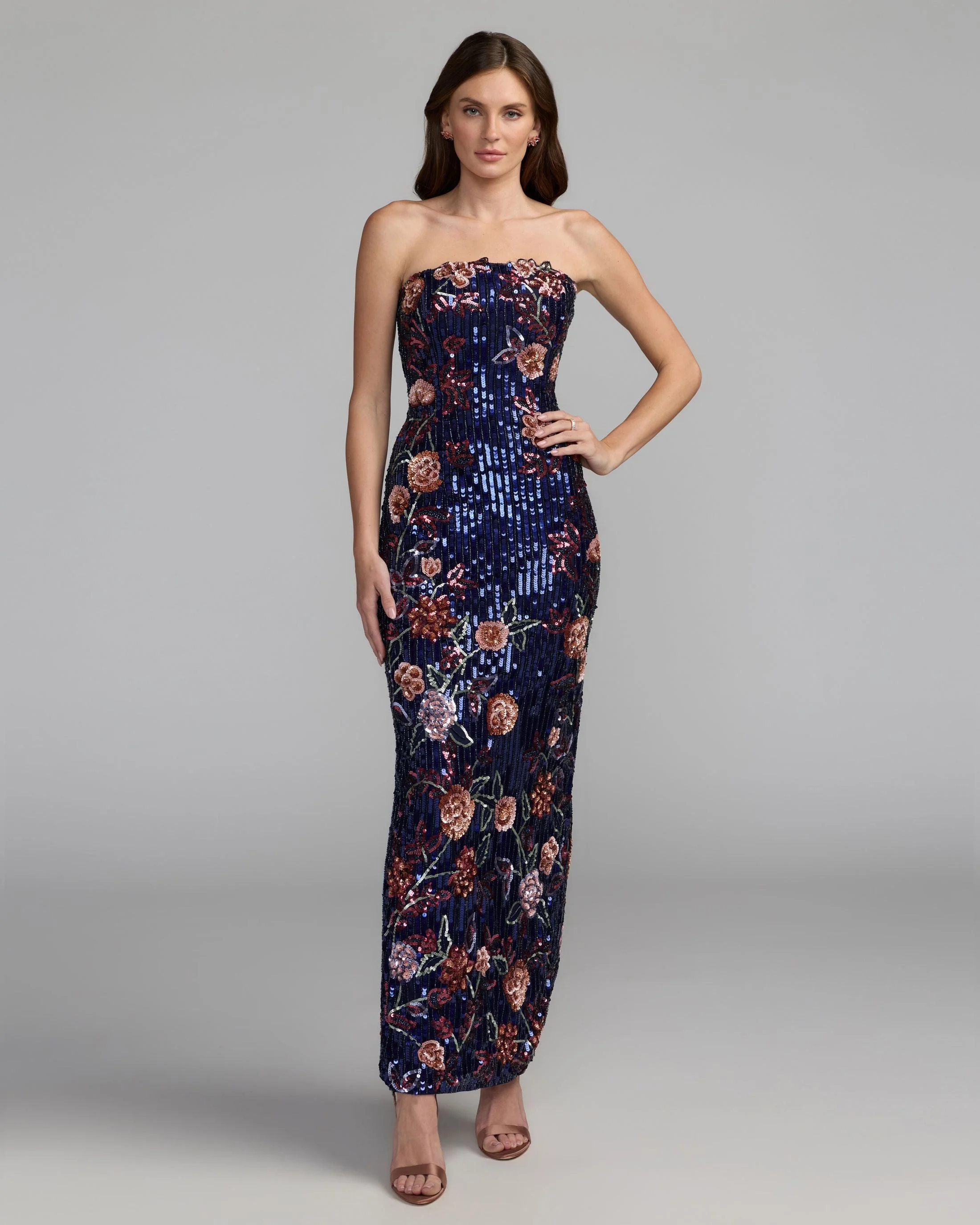 Midnight Multi Floral Embellished Strapless Column Dress - 1