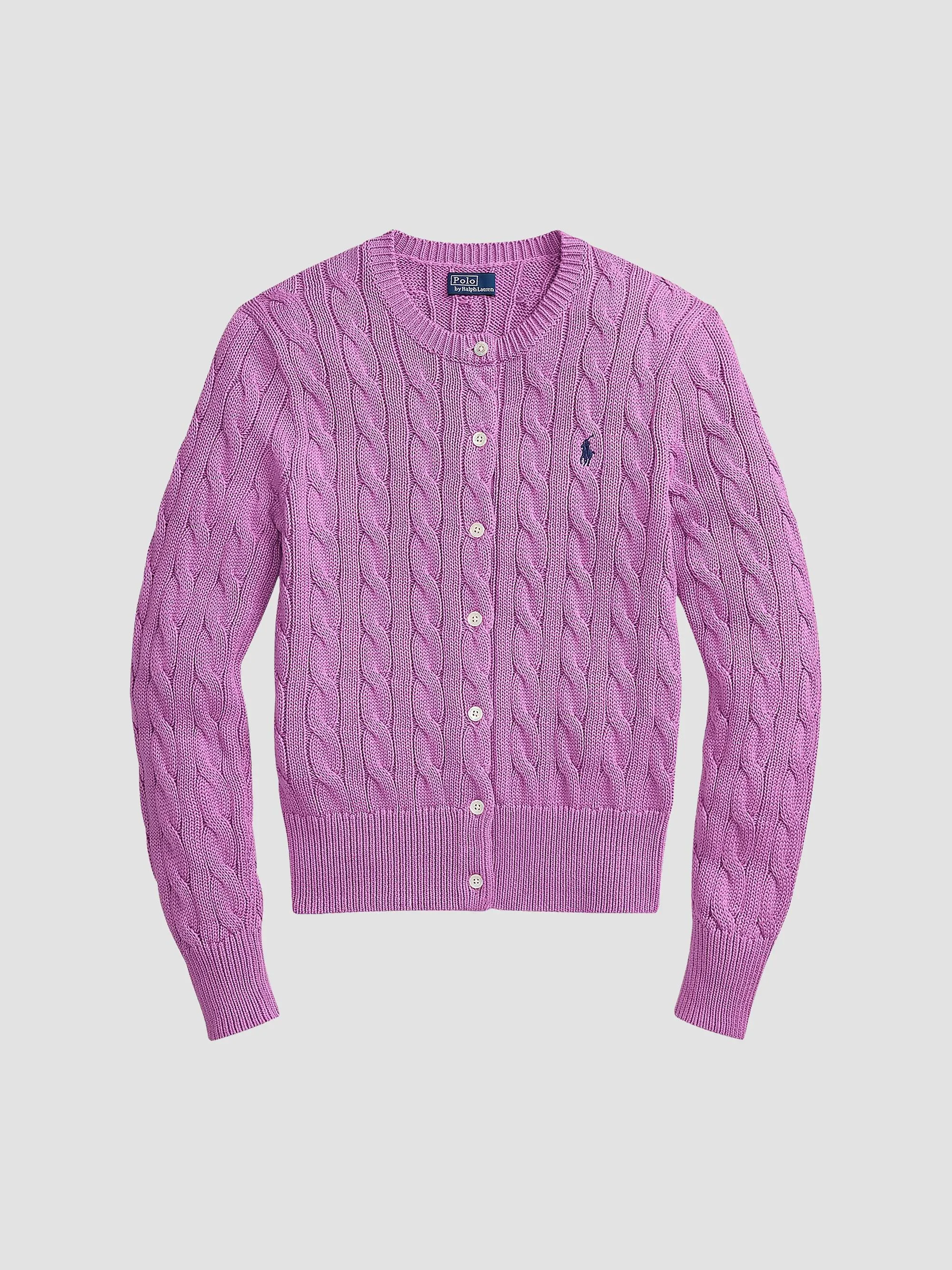 Women's Cable-Knit Cotton Crewneck Cardigan - Thistle Pink - 1