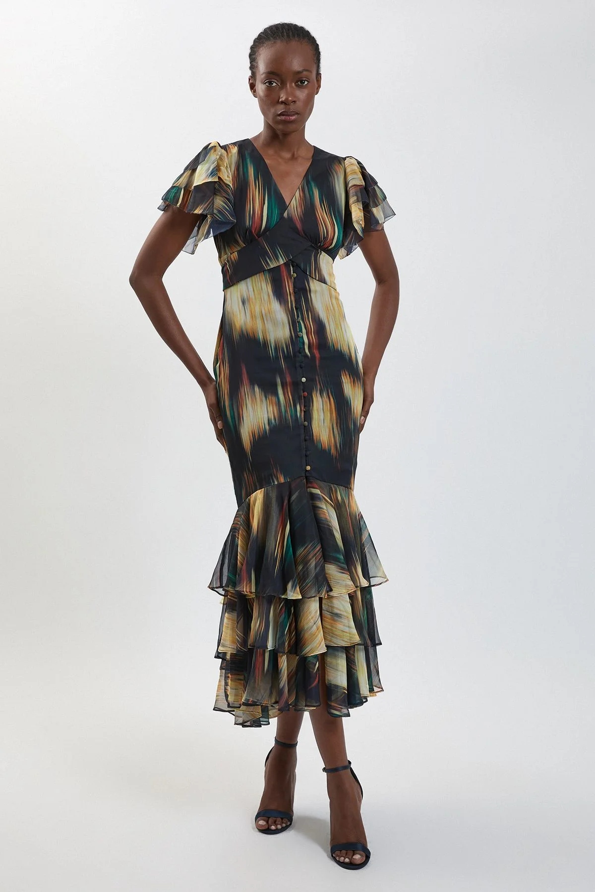 Blur Print Ruffle Sleeve Button Through Maxi Dress - 1