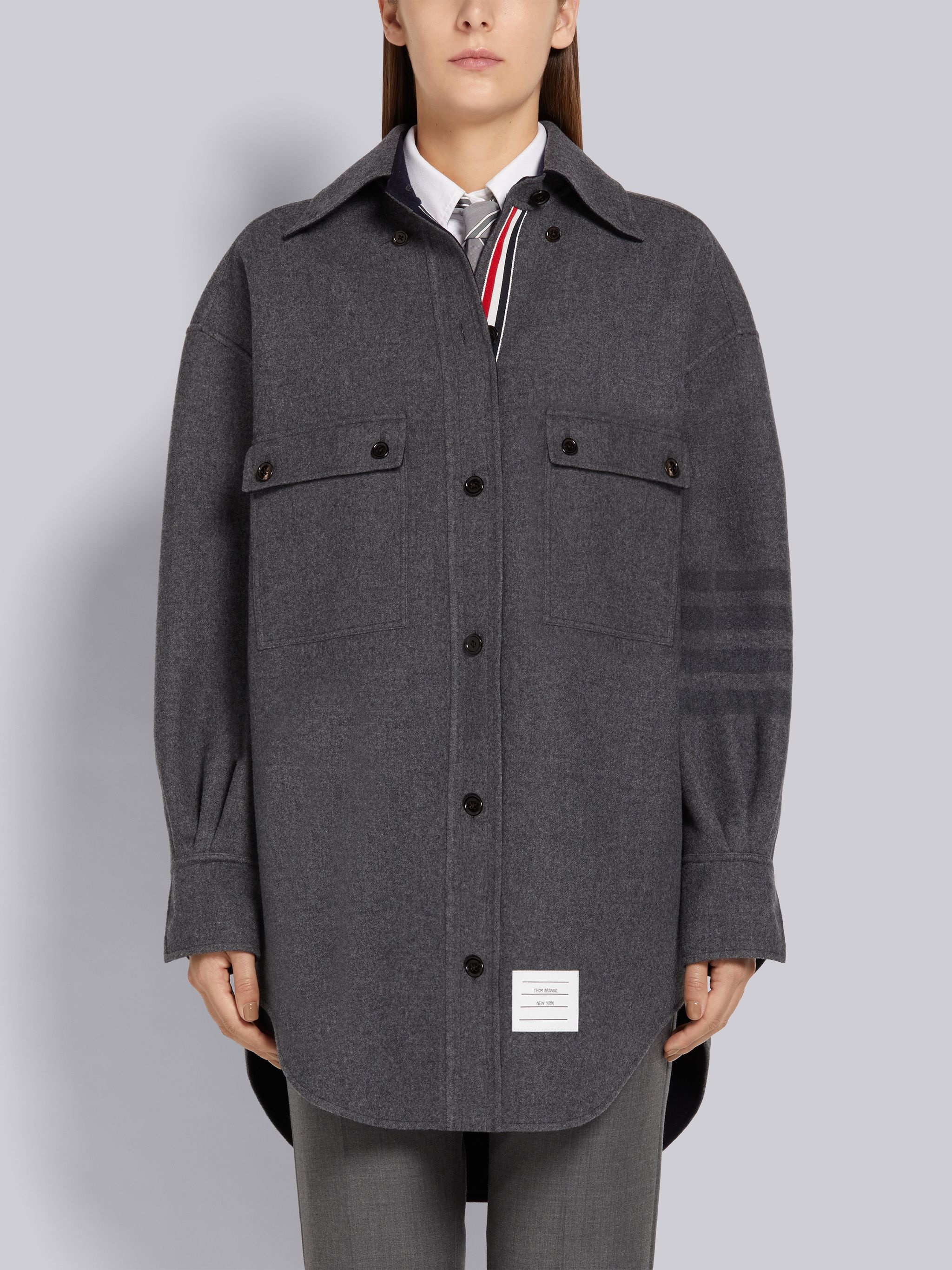 Medium Grey Double Face Melton Wool Engineered 4-Bar Long-sleeved Supersized Shirtdress - 1