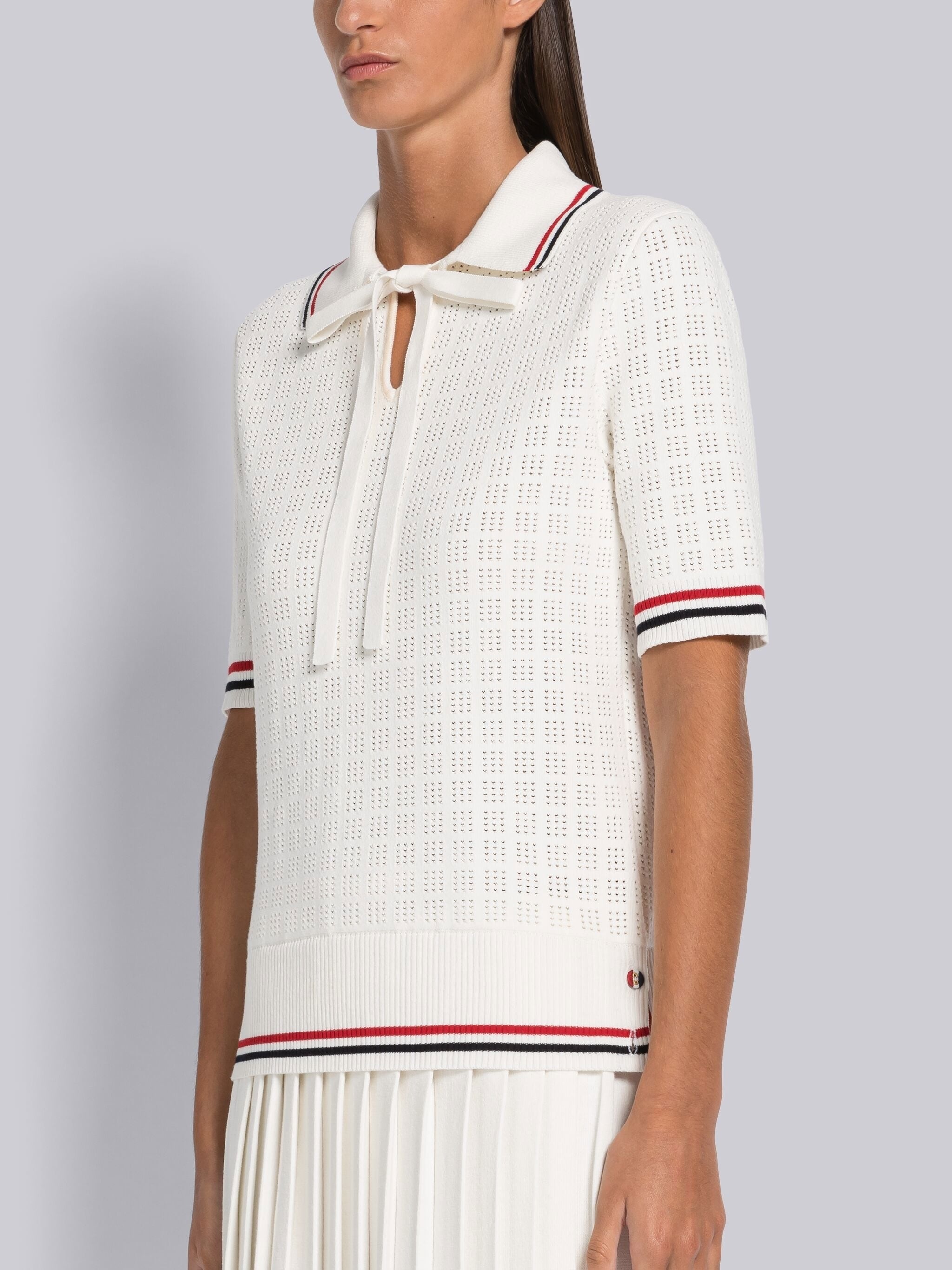 Grid Stitch Pointelle Stripe Keyhole Polo - 2