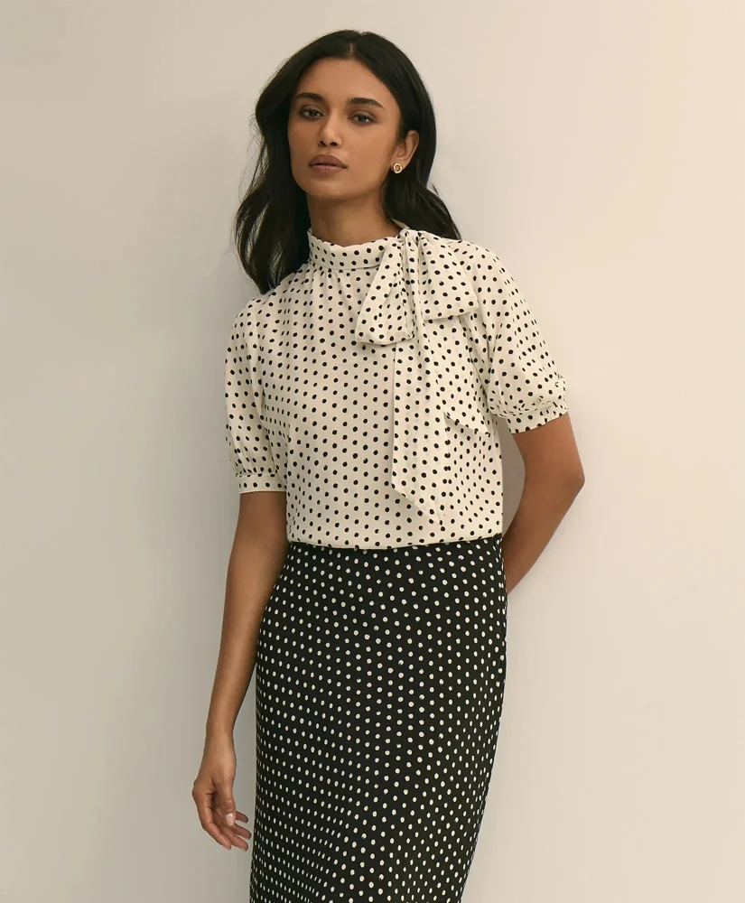 Dot-Print Tie-Neck Blouse - 1