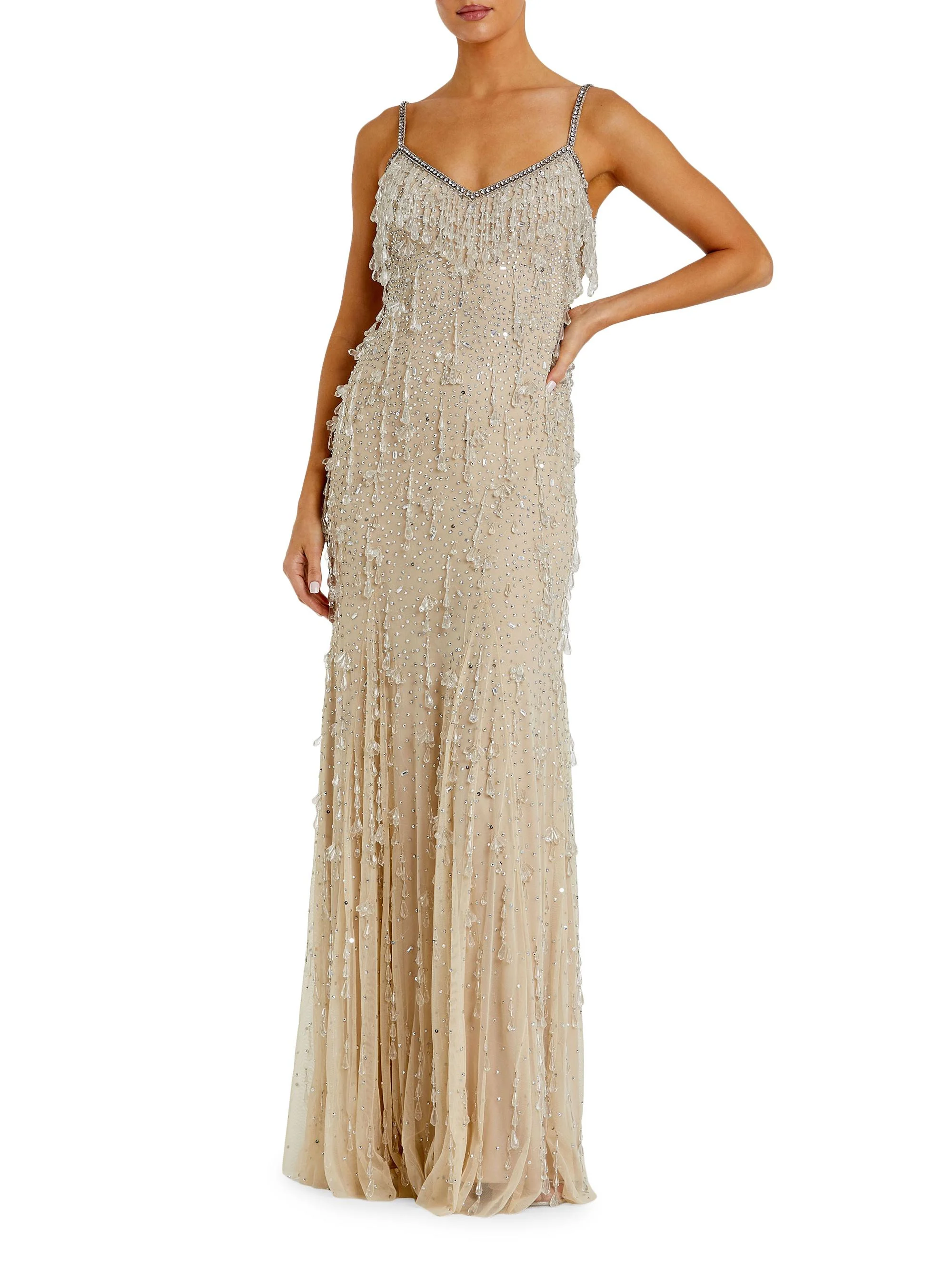 Women's Faux Pearl Embellished Column Gown - Beige Silver - 1