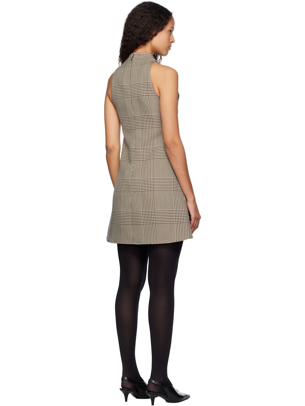 Beige & Brown Sleeveless Prince Of Wales A-Line Minidress - 3