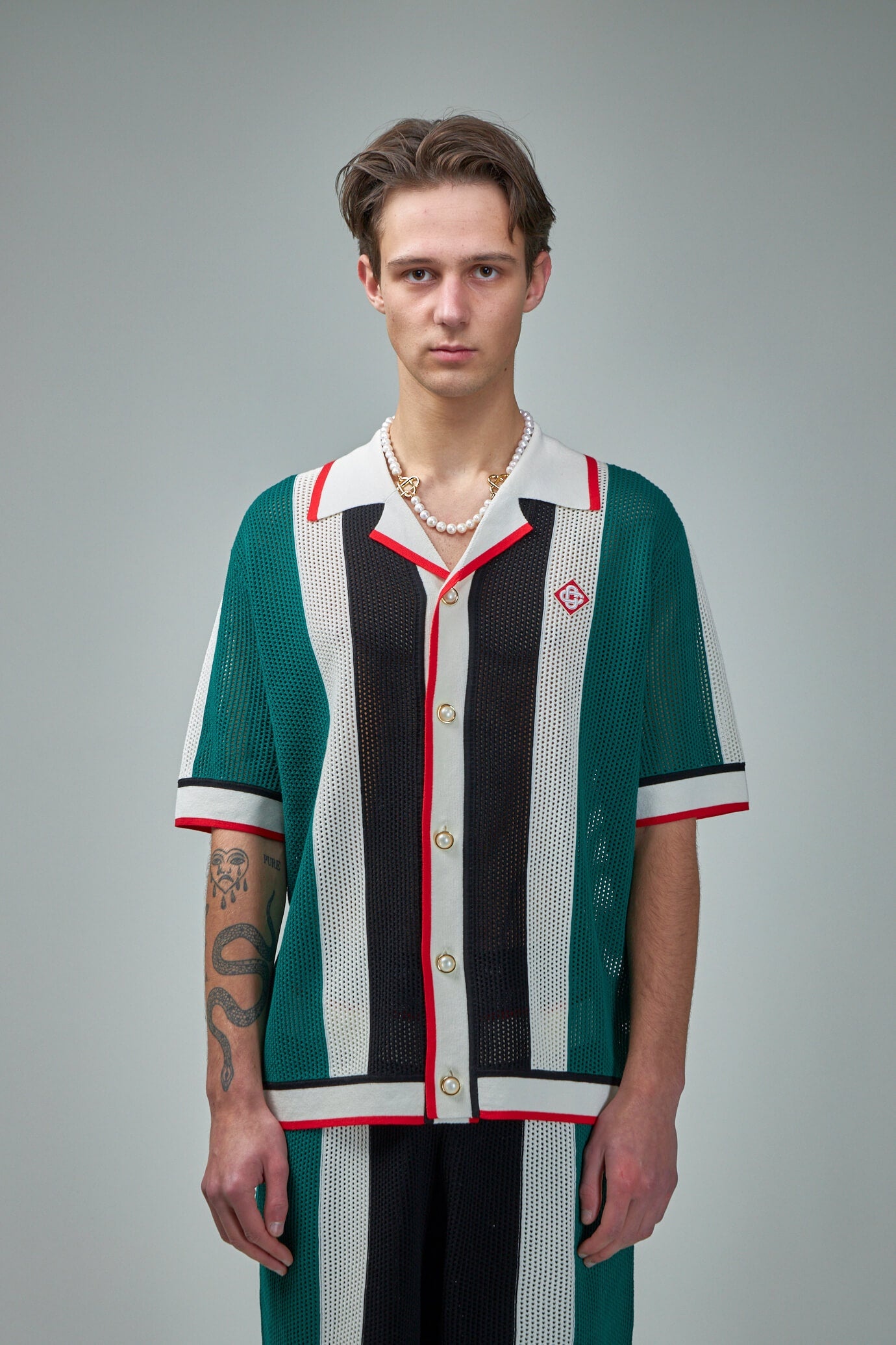 美品 CASABLANCA 2024SS グリーン キューバ襟シャツ M CASABLANCA 2024SS キューバ襟シャツ M