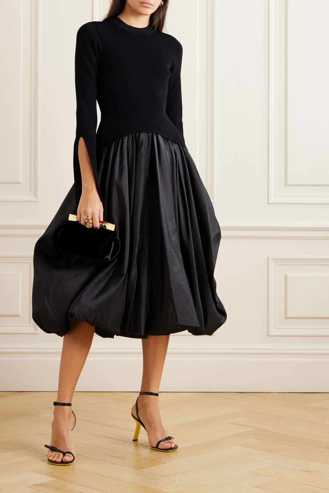 Kenlie ribbed stretch-knit and taffeta midi dress
