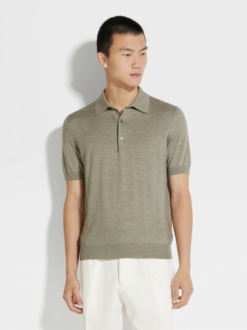 OLIVE GREEN MÉLANGE SILK CASHMERE AND LINEN POLO SHIRT 4