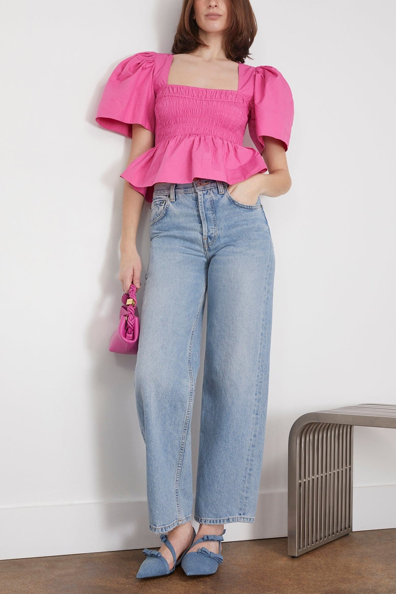 GANNI Cotton Poplin Open Neck Smock Blouse in Cone Flower outlook