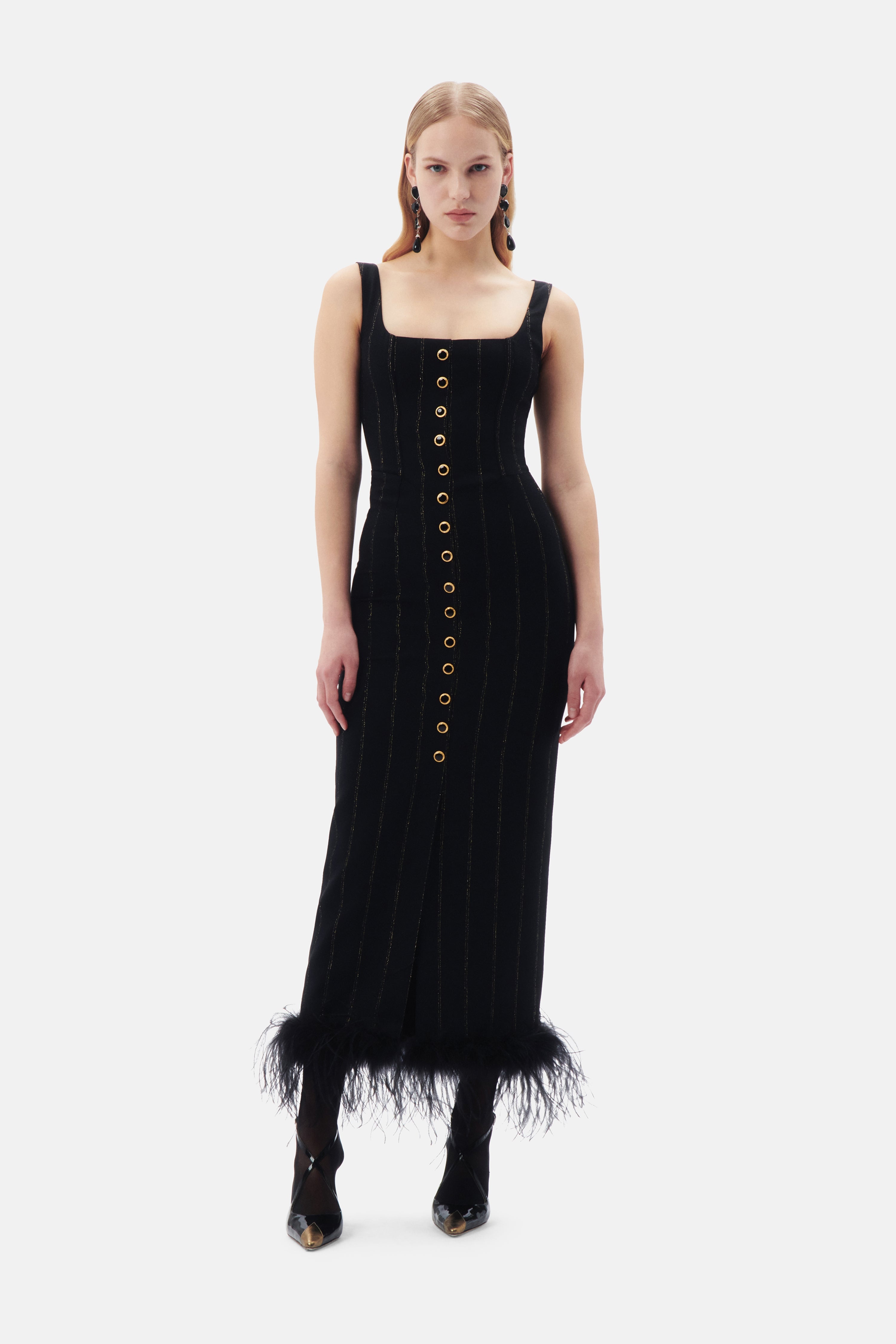 LIGHT WOOL LUREX PINSTRIPE DRESS WITH FEATHERS - 4