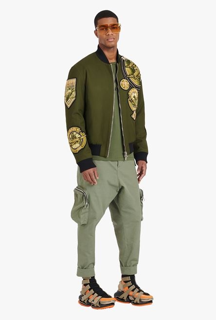 Khaki aviator teddy jacket with Balmain badges - 2