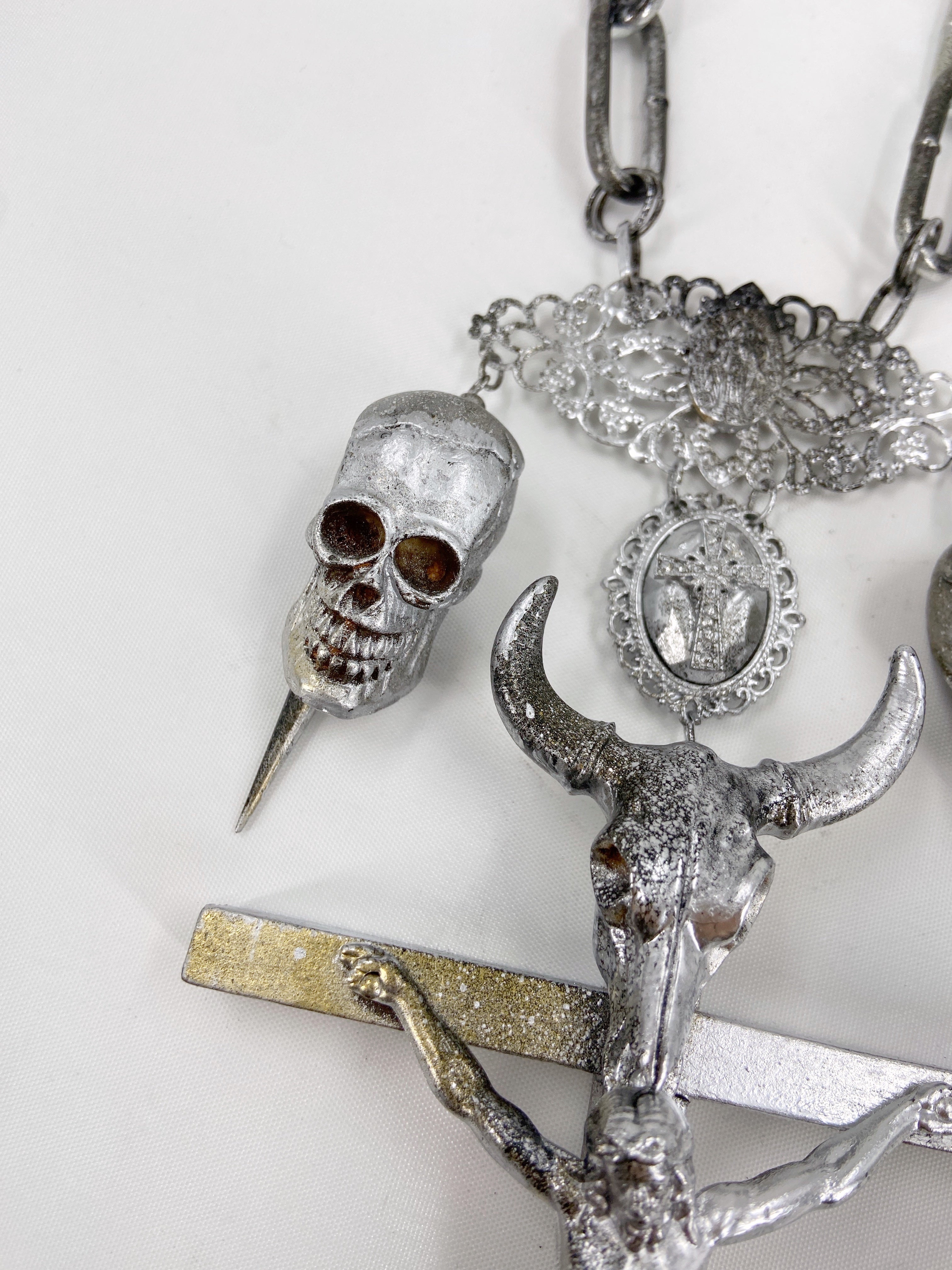 Jean Paul Gaultier 90S Sample 1/1 XXL Silver Crucifix Cross Bull Skull Spiked Chain Necklace - 11