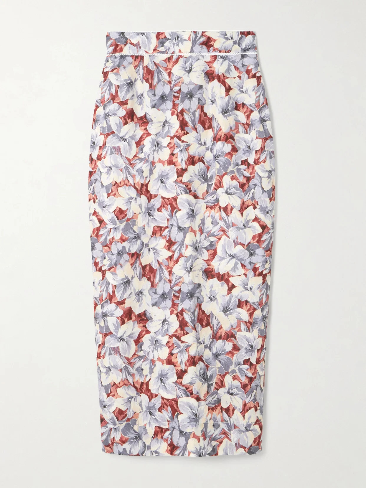 Emma Lace-trimmed Floral-print Linen Midi Skirt - 1