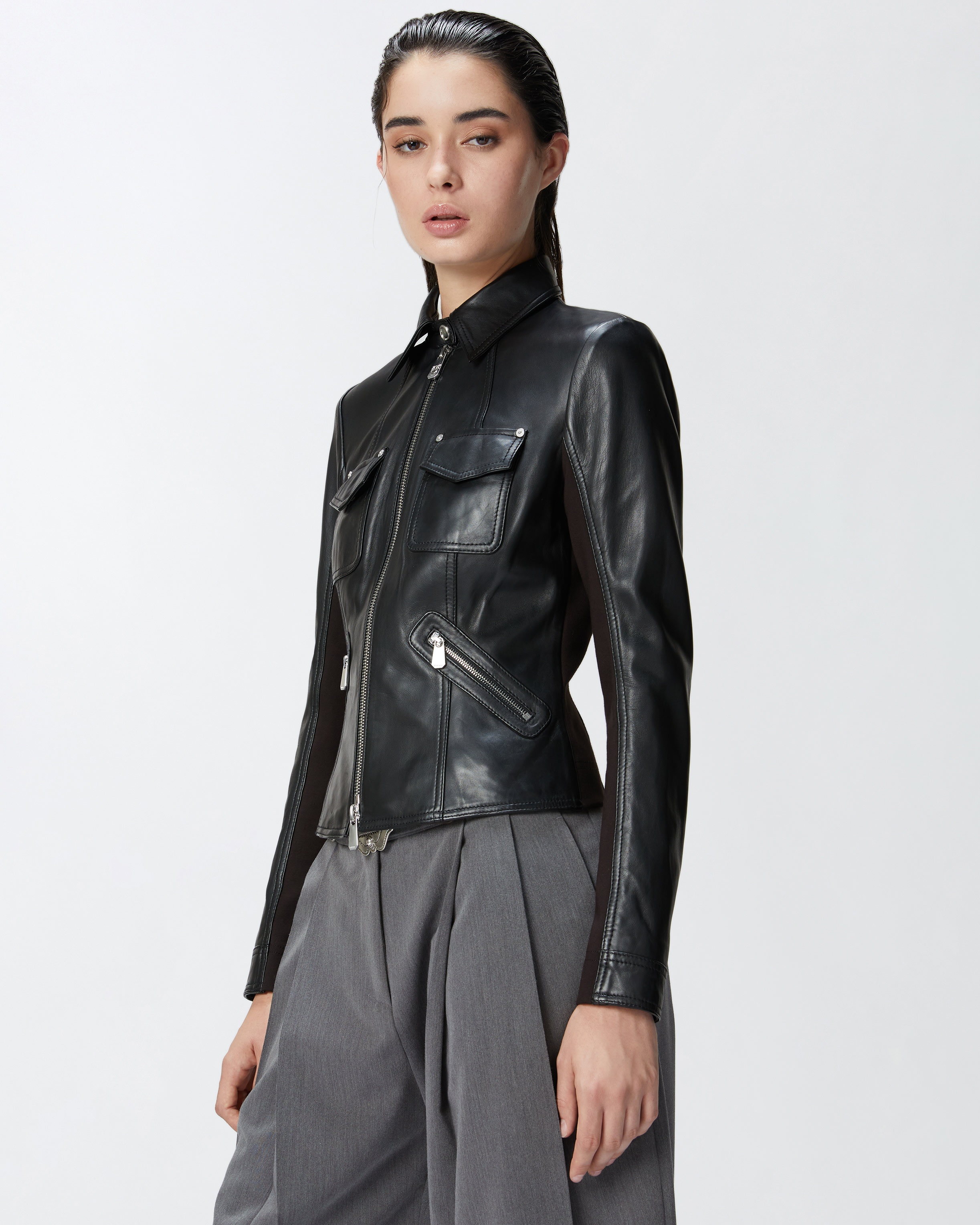 SHORT LEATHER AND TECHNICAL FABRIC BIKER JACKET - 2