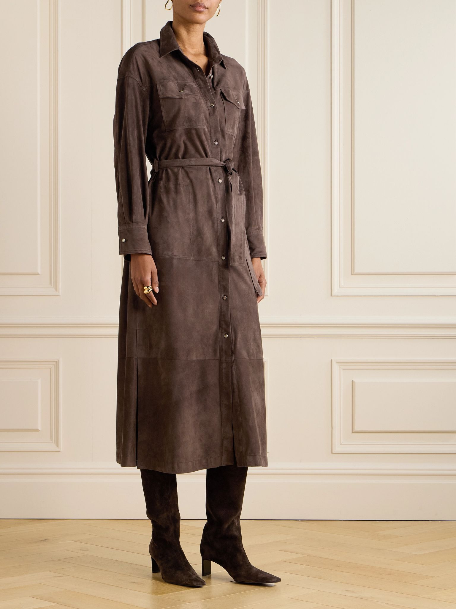 Belted suede coat Brown - 3